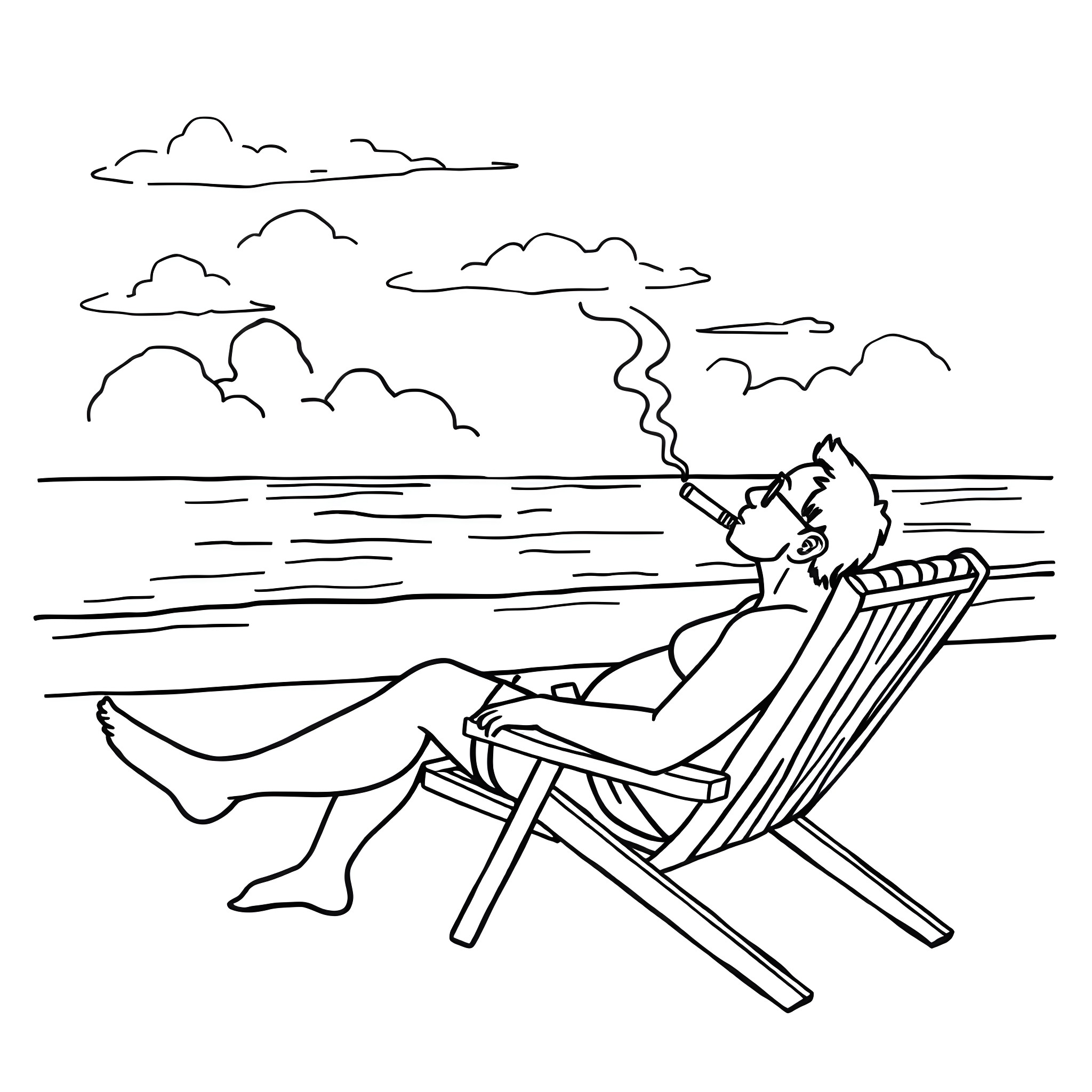 Man relaxing on beach chair in scenic environment Coloring Page (free black-and-white line drawing printable PDF for all, from beginners to advanced learners, including children, teens, adults, and seniors)