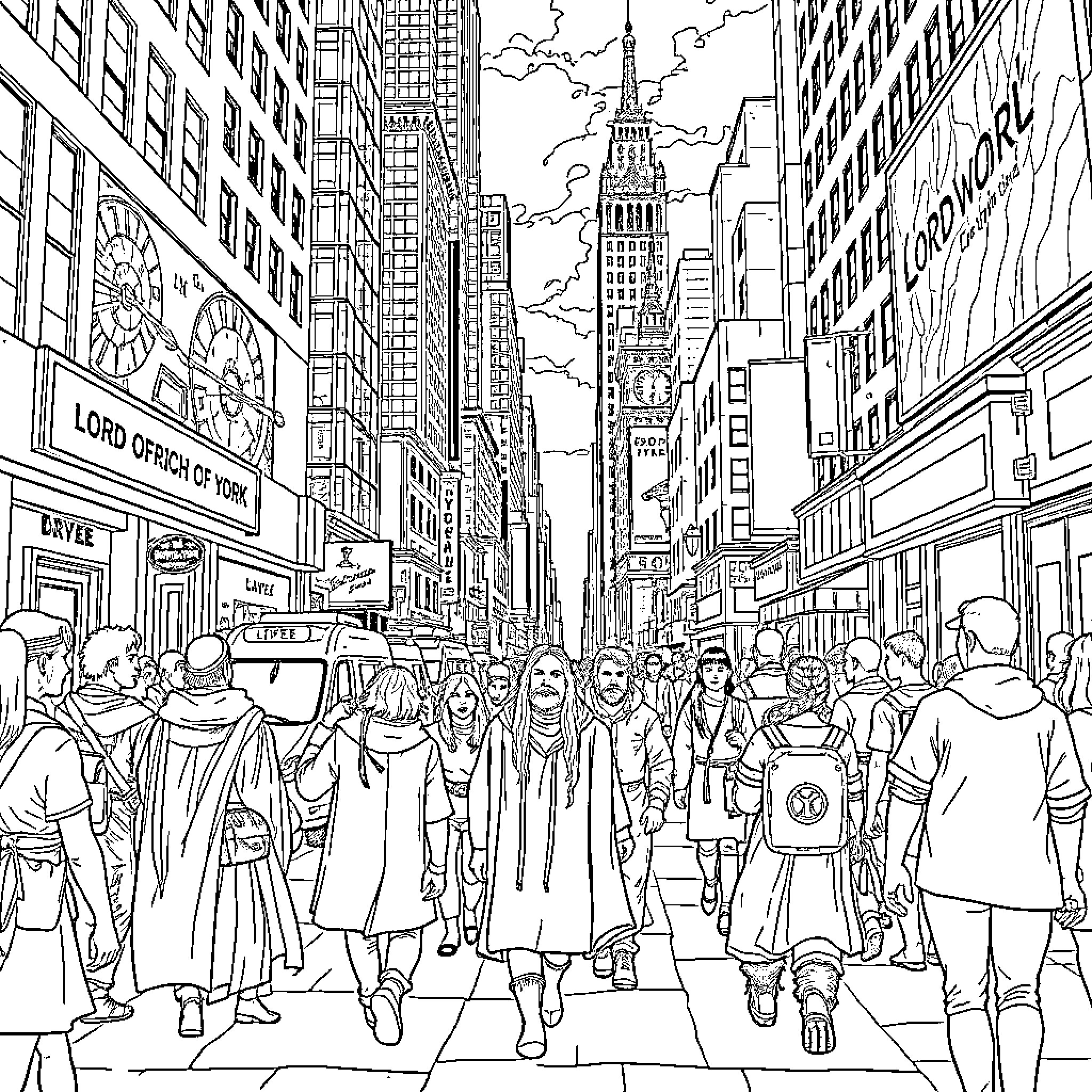 Lord of the Rings Characters Exploring Bustling City Street Coloring Page (free black-and-white line drawing printable PDF for all, from beginners to advanced learners, including children, teens, adults, and seniors)