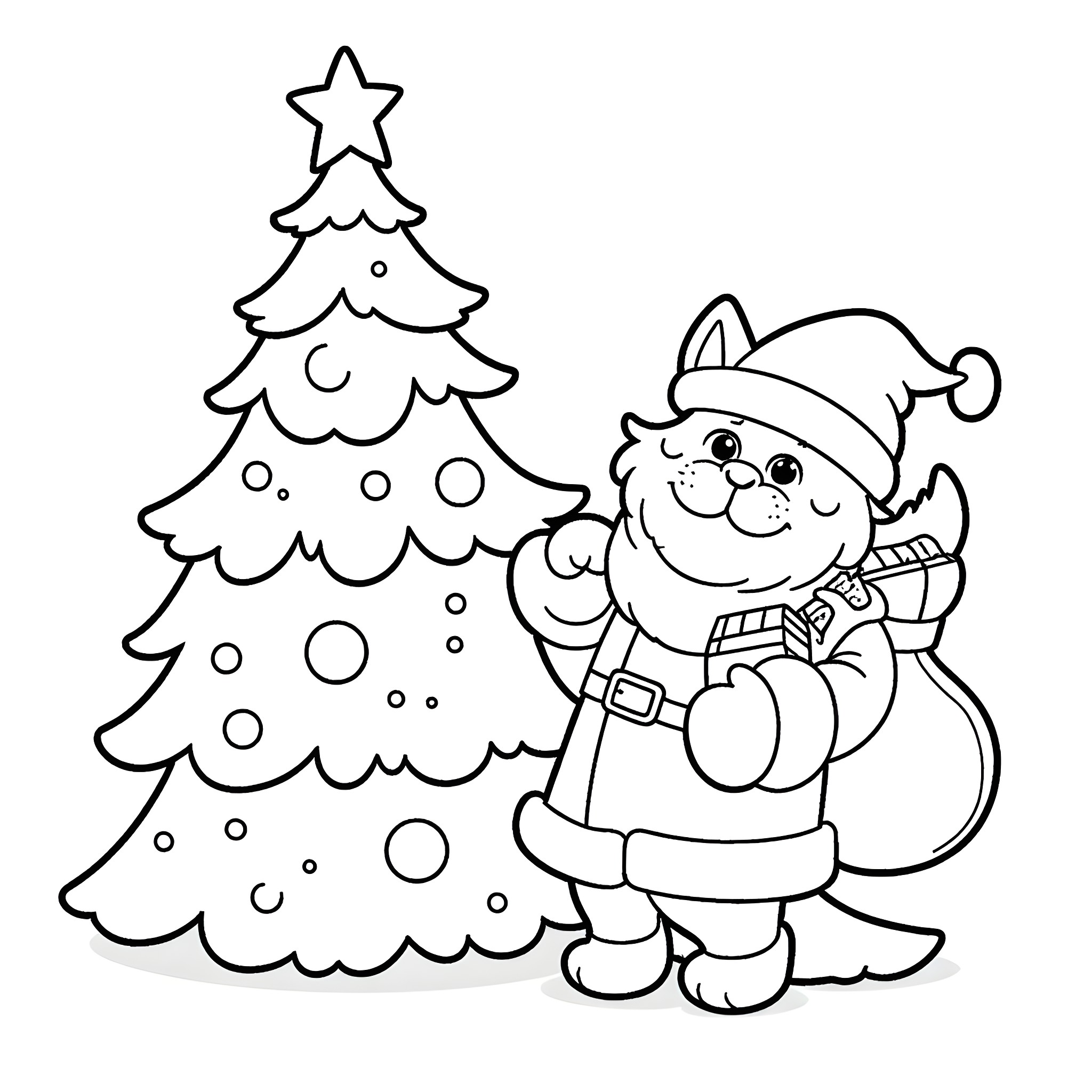 Cat decorating Christmas tree with ornaments Coloring Page (free black-and-white line drawing printable PDF for all, from beginners to advanced learners, including children, teens, adults, and seniors)