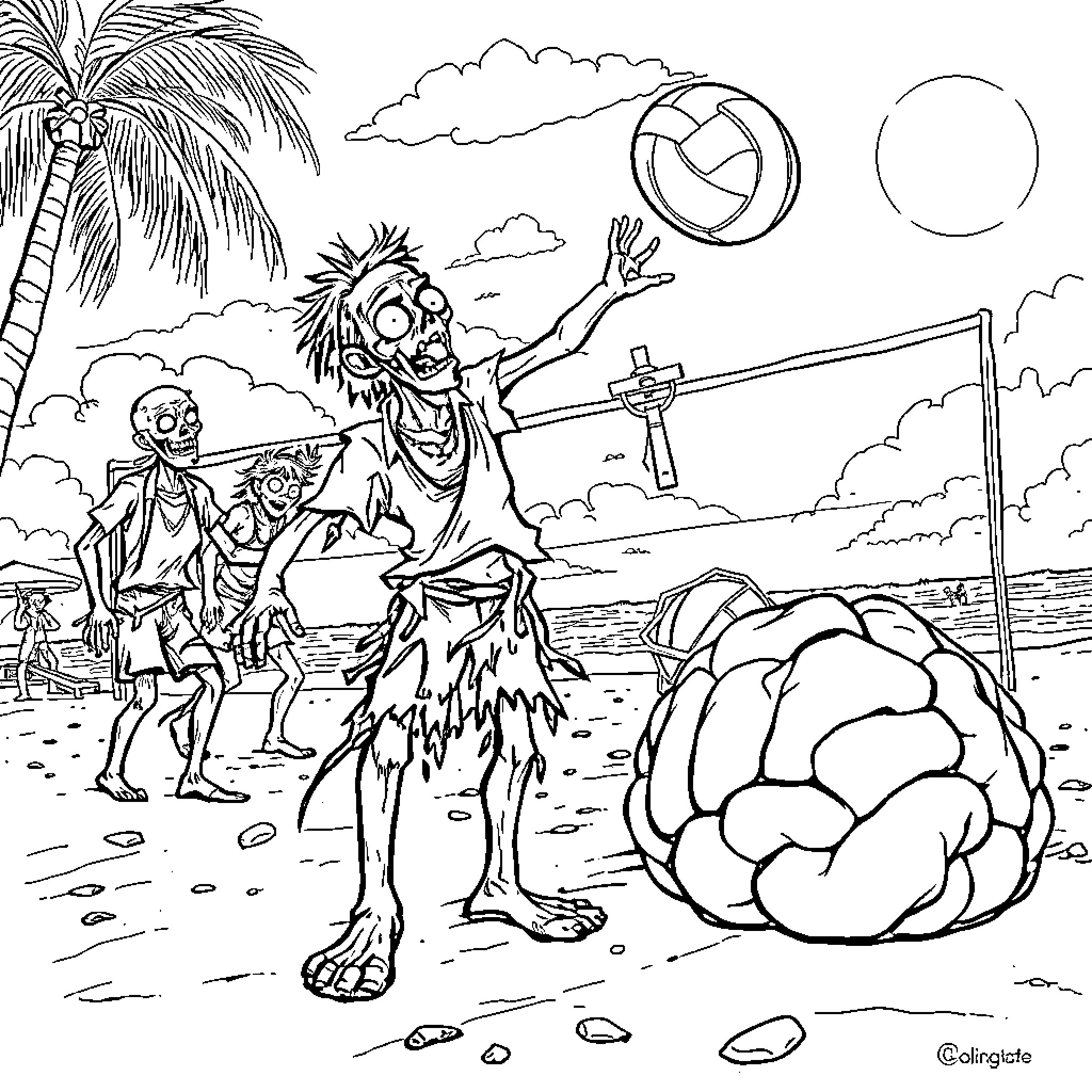 Zombie horde on a tropical beach scene Coloring Page (free black-and-white line drawing printable PDF for all, from beginners to advanced learners, including children, teens, adults, and seniors)