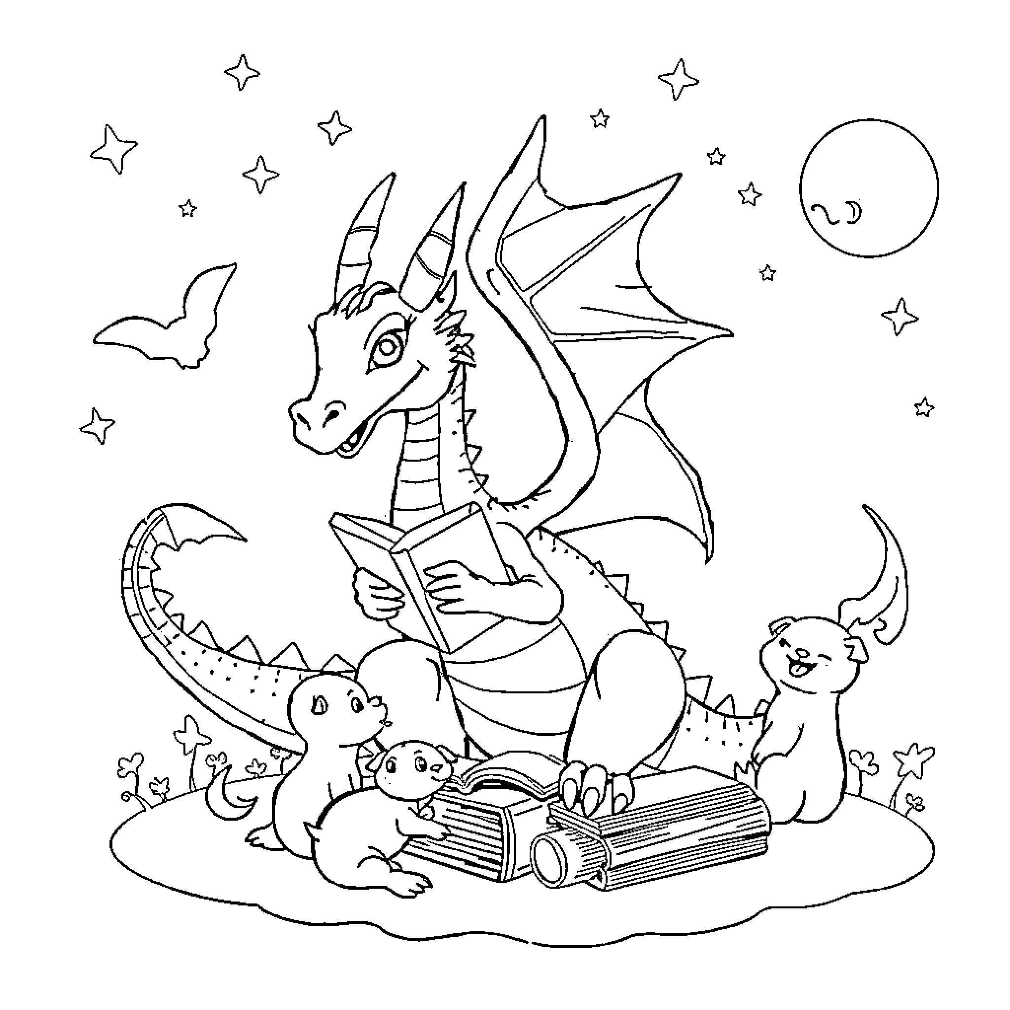 Dragon reading book with animal companions Coloring Page (free black-and-white line drawing printable PDF for all, from beginners to advanced learners, including children, teens, adults, and seniors)