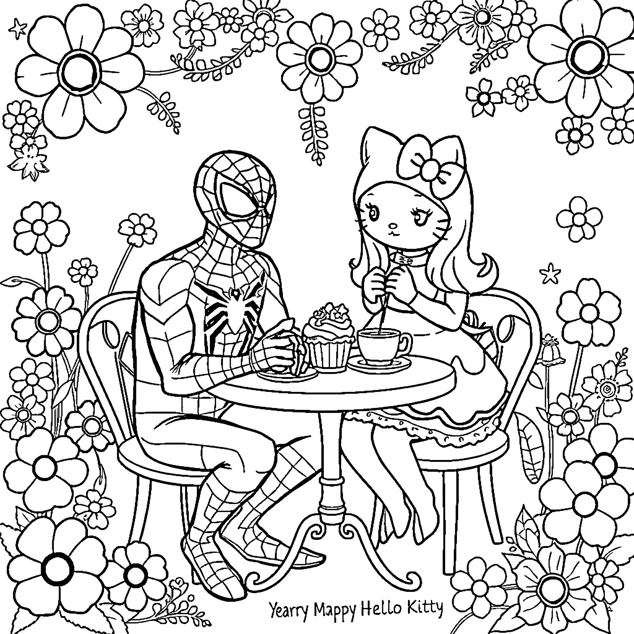 Spiderman and Hello Kitty enjoy a floral picnic together Coloring Page (free black-and-white line drawing printable PDF for all, from beginners to advanced learners, including children, teens, adults, and seniors)