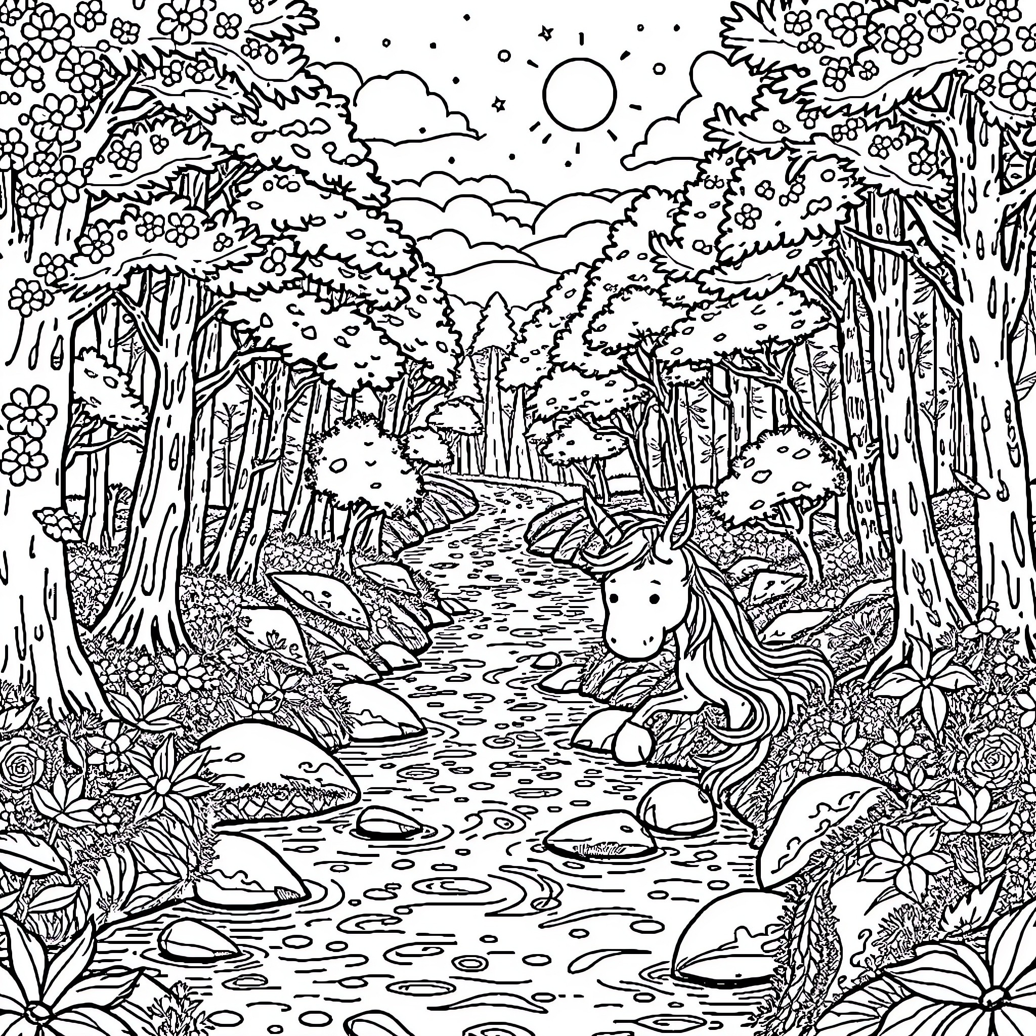 Unicorn in a Magical Forest Wonderland Coloring Page (free black-and-white line drawing printable PDF for all, from beginners to advanced learners, including children, teens, adults, and seniors)