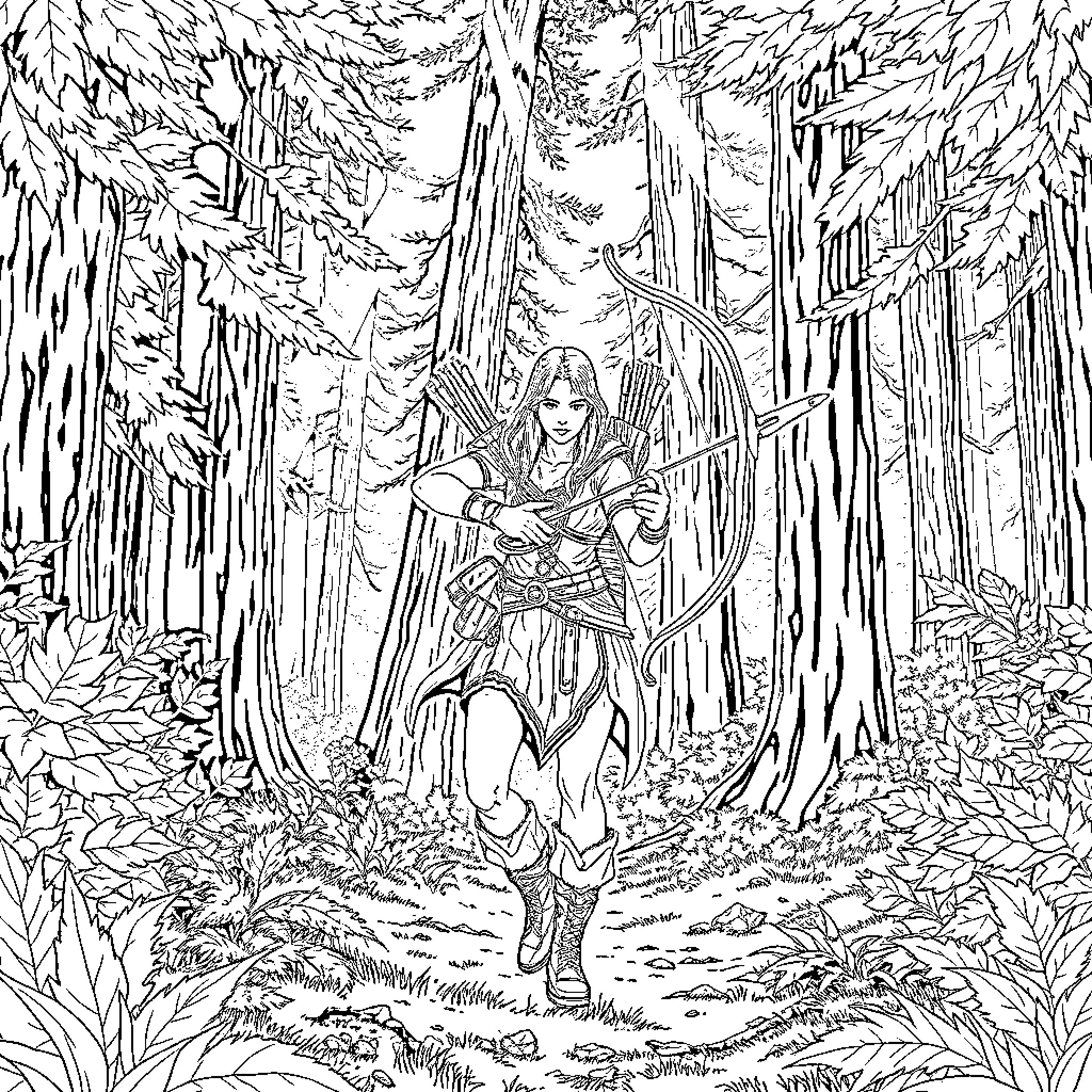 Orc warrior exploring the enchanted forest Coloring Page (free black-and-white line drawing printable PDF for all, from beginners to advanced learners, including children, teens, adults, and seniors)