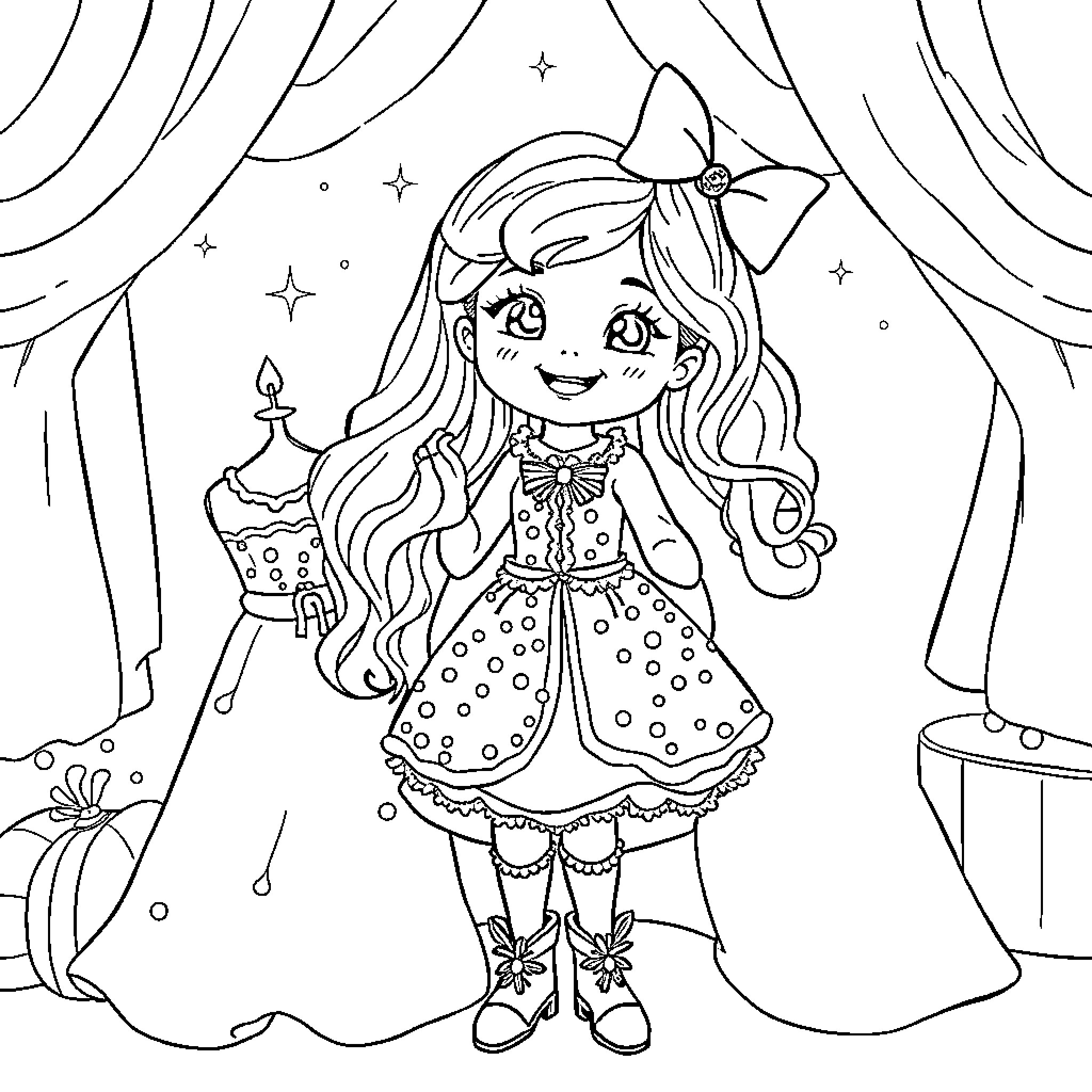 Girl with long hair in a dress holding a candle Coloring Page (free black-and-white line drawing printable PDF for all, from beginners to advanced learners, including children, teens, adults, and seniors)