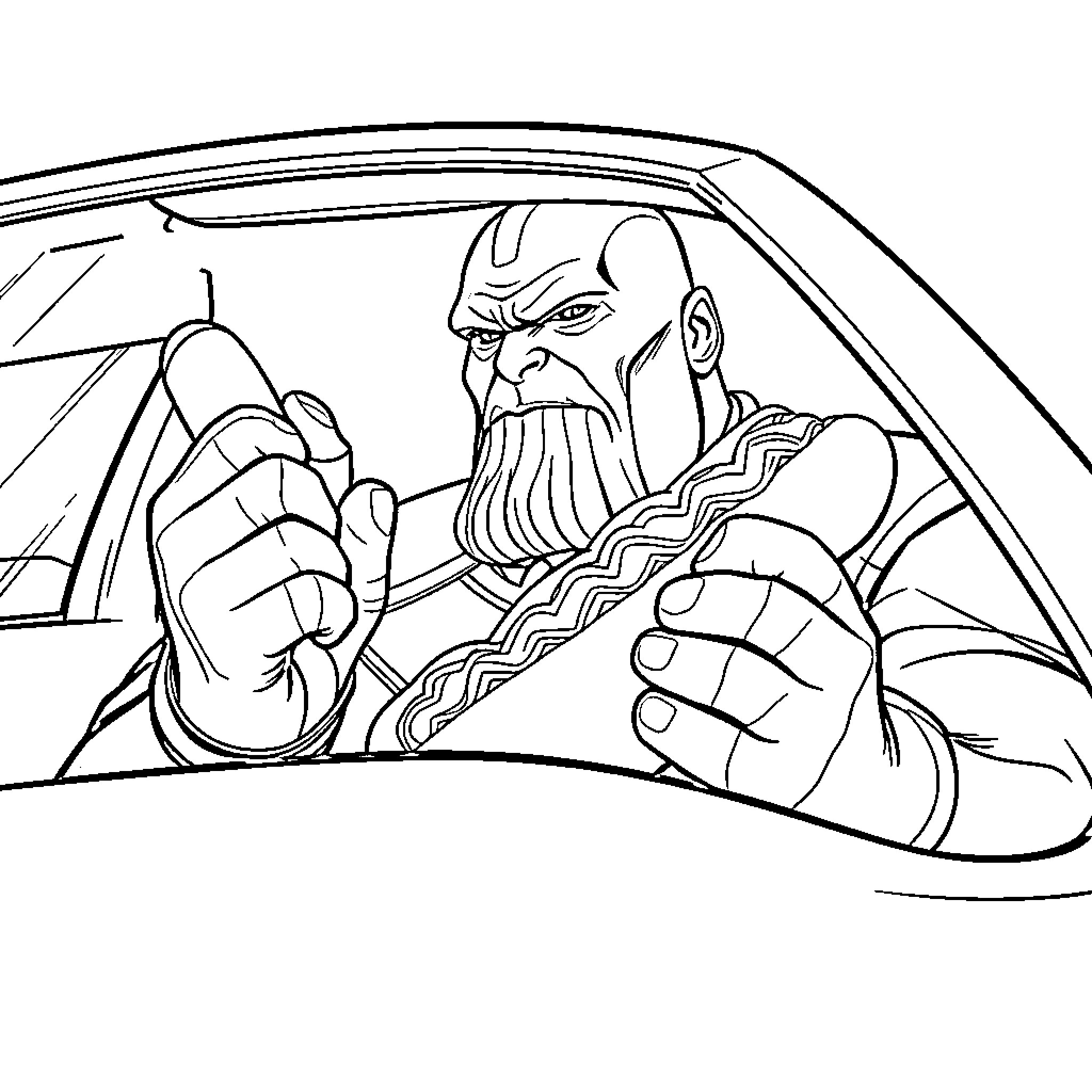 Thanos driving with a determined expression Coloring Page (free black-and-white line drawing printable PDF for all, from beginners to advanced learners, including children, teens, adults, and seniors)
