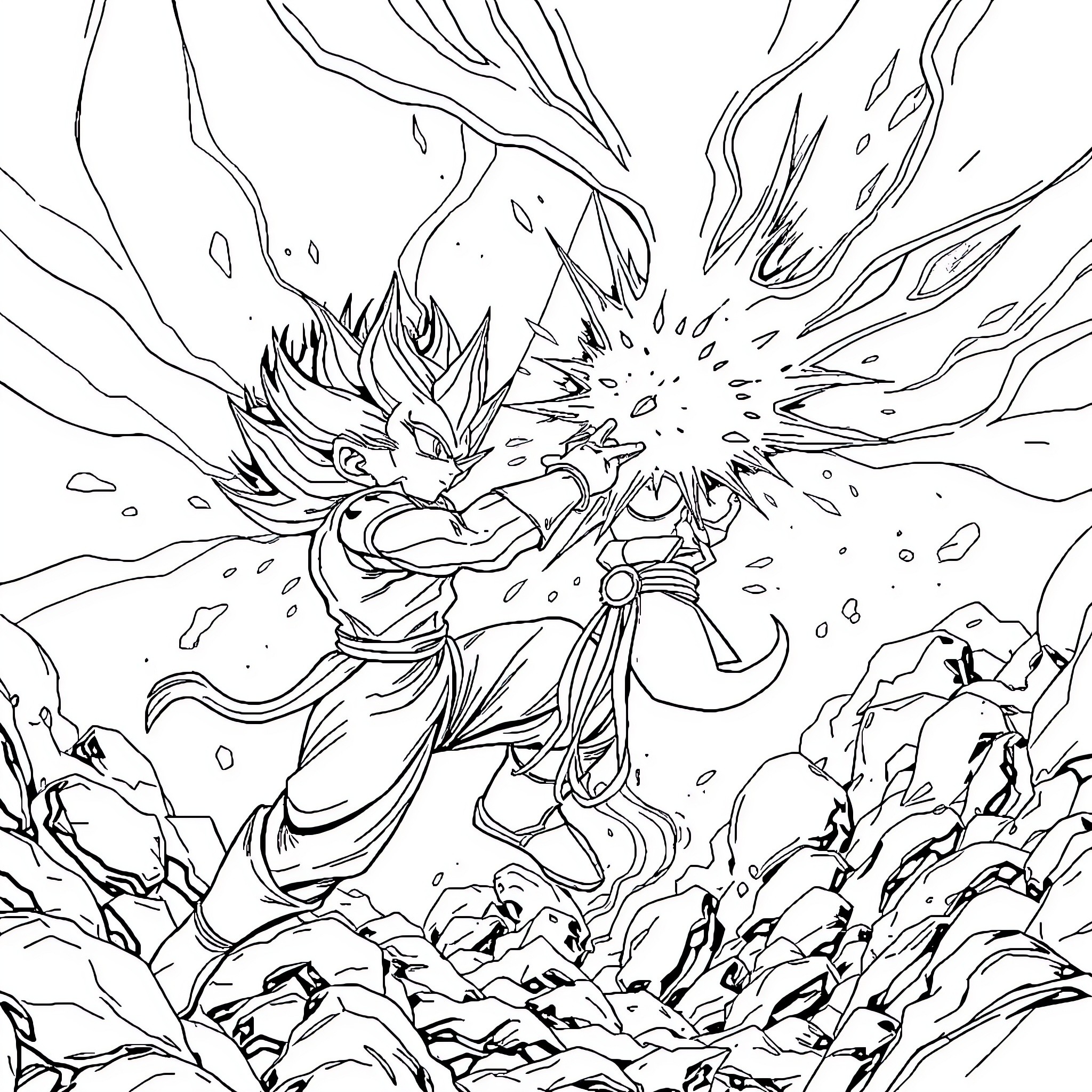 Songoku unleashing powerful energy blast Coloring Page (free black-and-white line drawing printable PDF for all, from beginners to advanced learners, including children, teens, adults, and seniors)