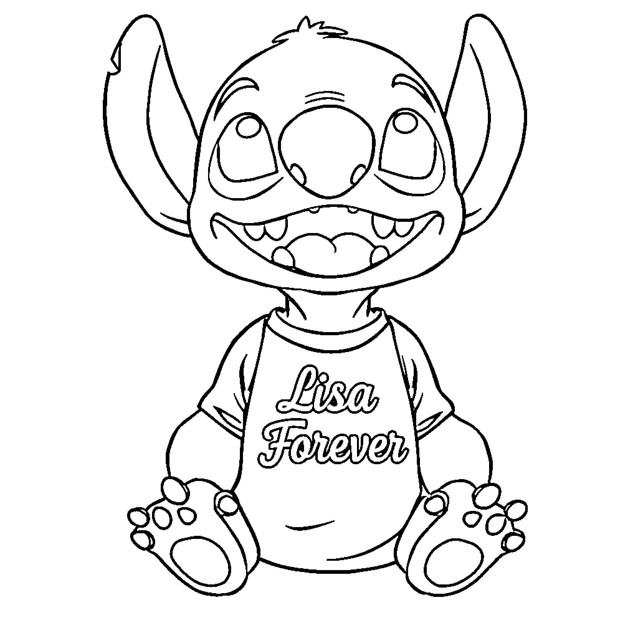 Stitch wearing a 'Lisa Forever' shirt Coloring Page (free black-and-white line drawing printable PDF for all, from beginners to advanced learners, including children, teens, adults, and seniors)