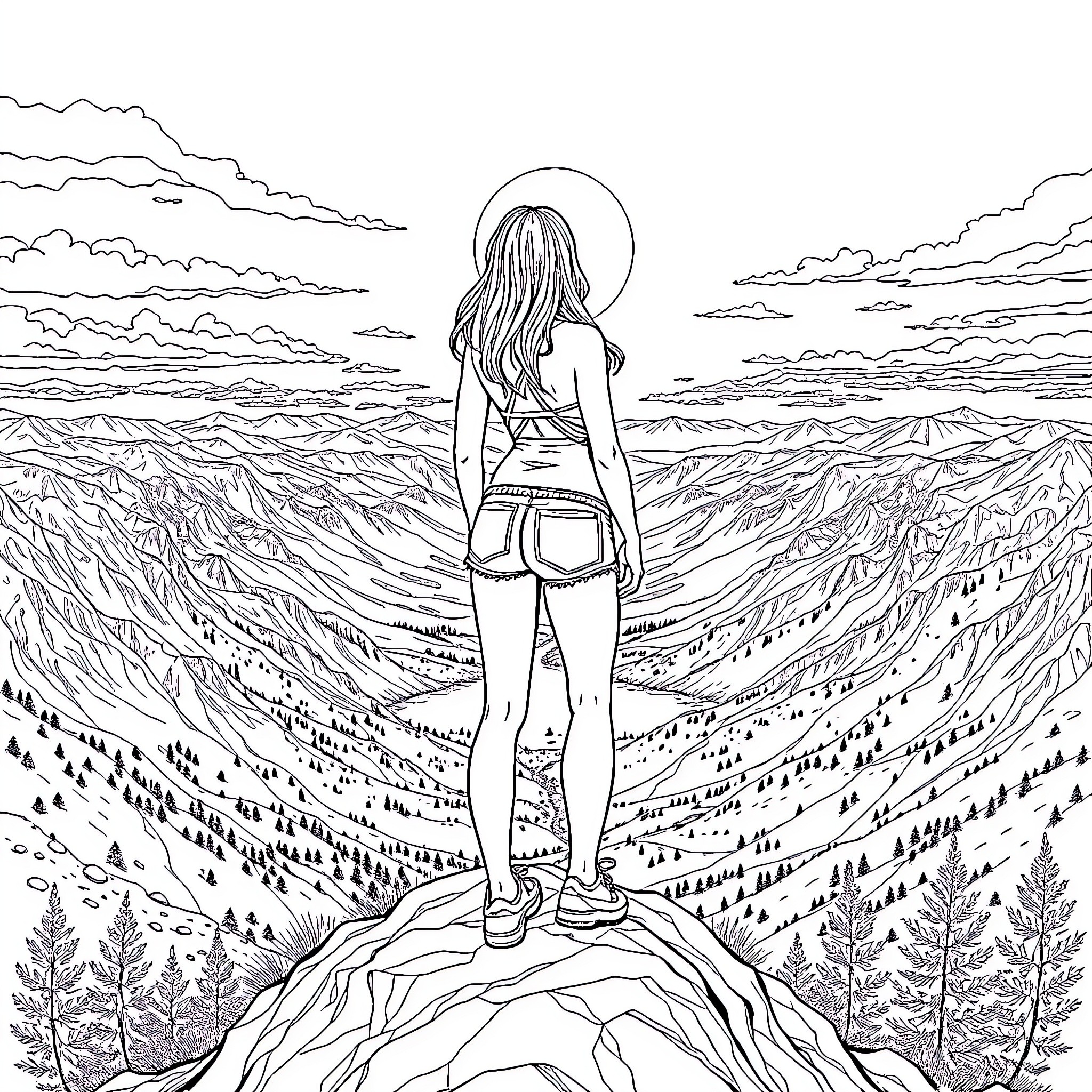 Girl overlooking a breathtaking landscape Coloring Page (free black-and-white line drawing printable PDF for all, from beginners to advanced learners, including children, teens, adults, and seniors)