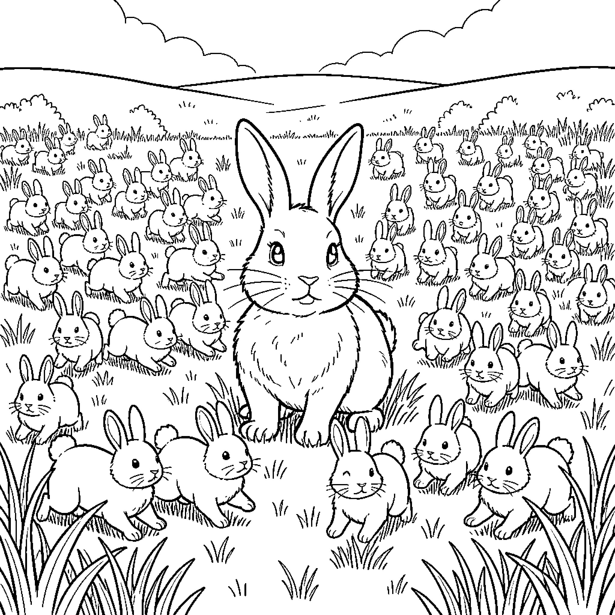 Bunny standing amidst a large group of rabbits Coloring Page (free black-and-white line drawing printable PDF for all, from beginners to advanced learners, including children, teens, adults, and seniors)