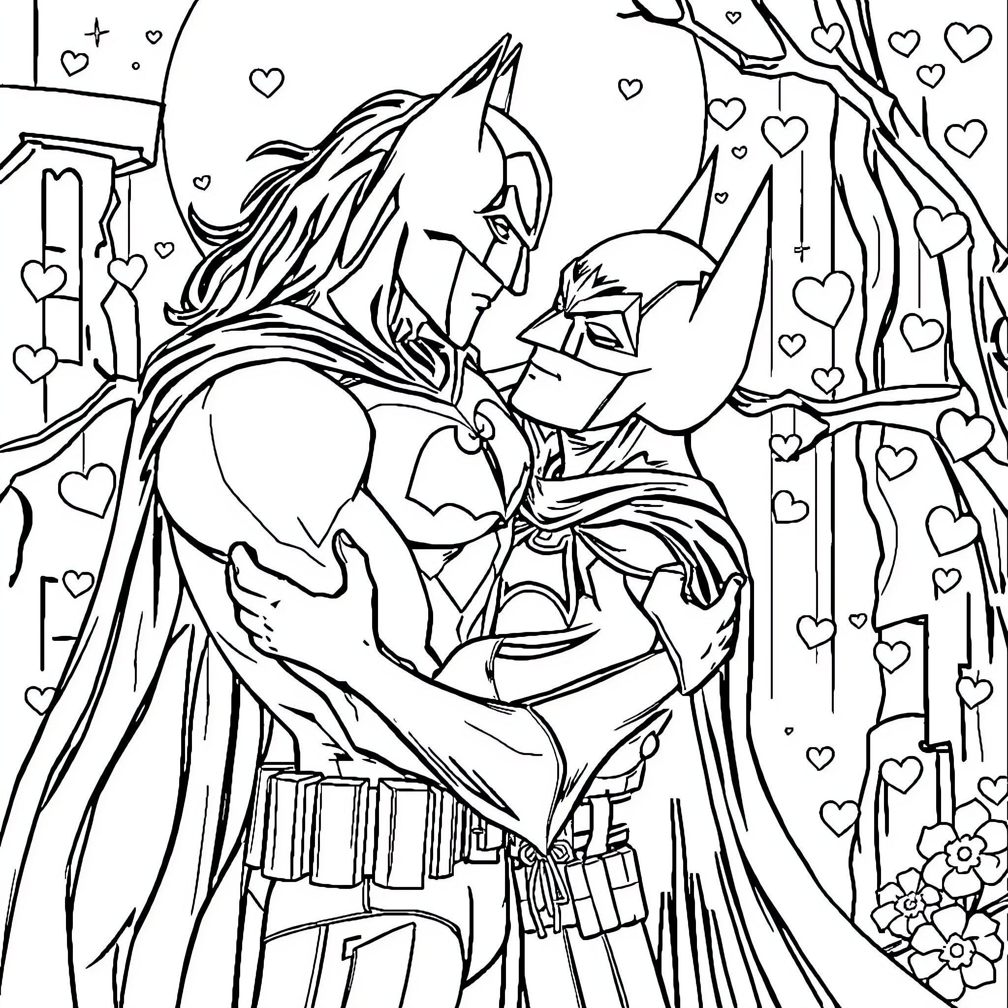 Spider-Man and Gwen Stacy in a romantic embrace Coloring Page (free black-and-white line drawing printable PDF for all, from beginners to advanced learners, including children, teens, adults, and seniors)