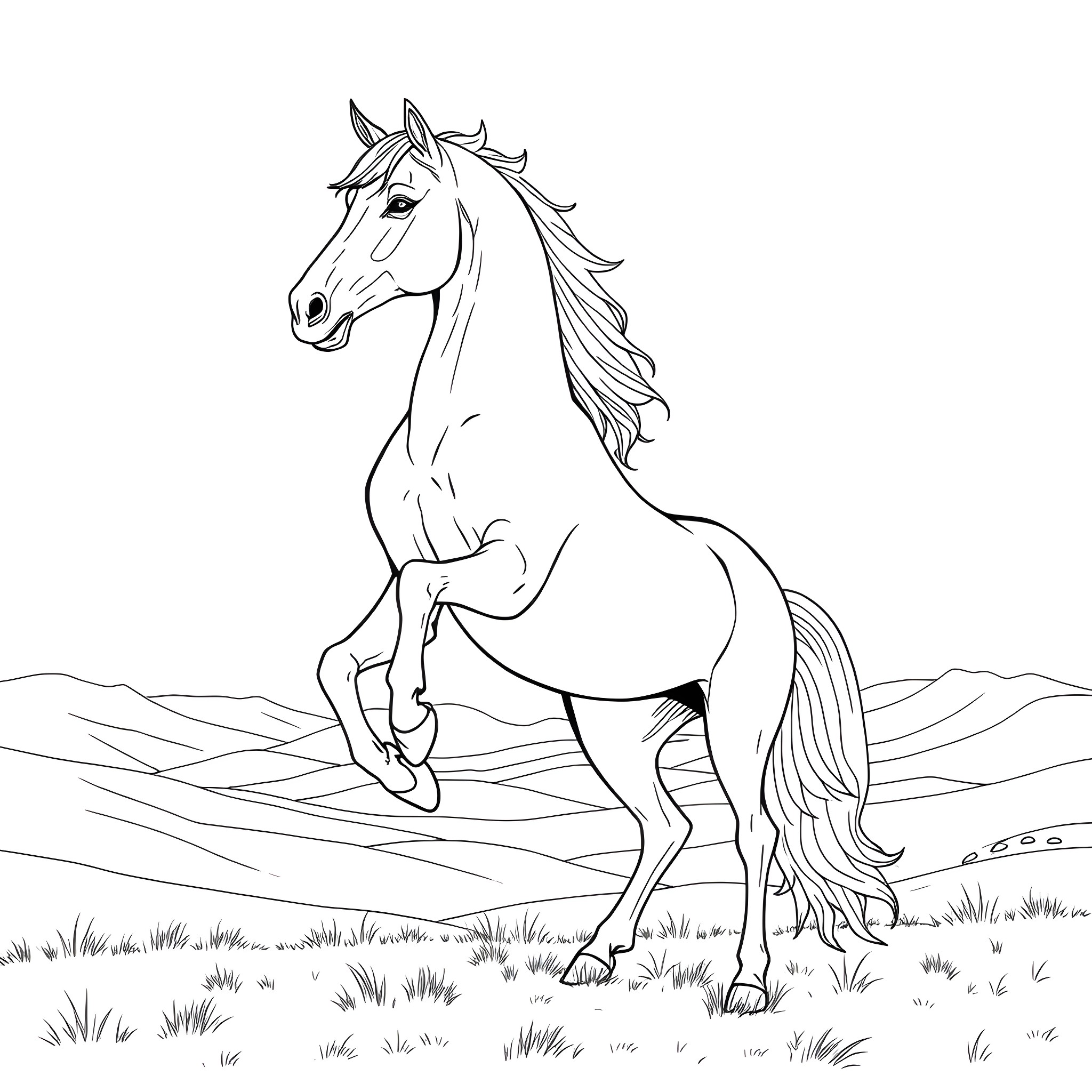 Andalus Horse Running Gracefully in the Meadow Coloring Page (free black-and-white line drawing printable PDF for all, from beginners to advanced learners, including children, teens, adults, and seniors)