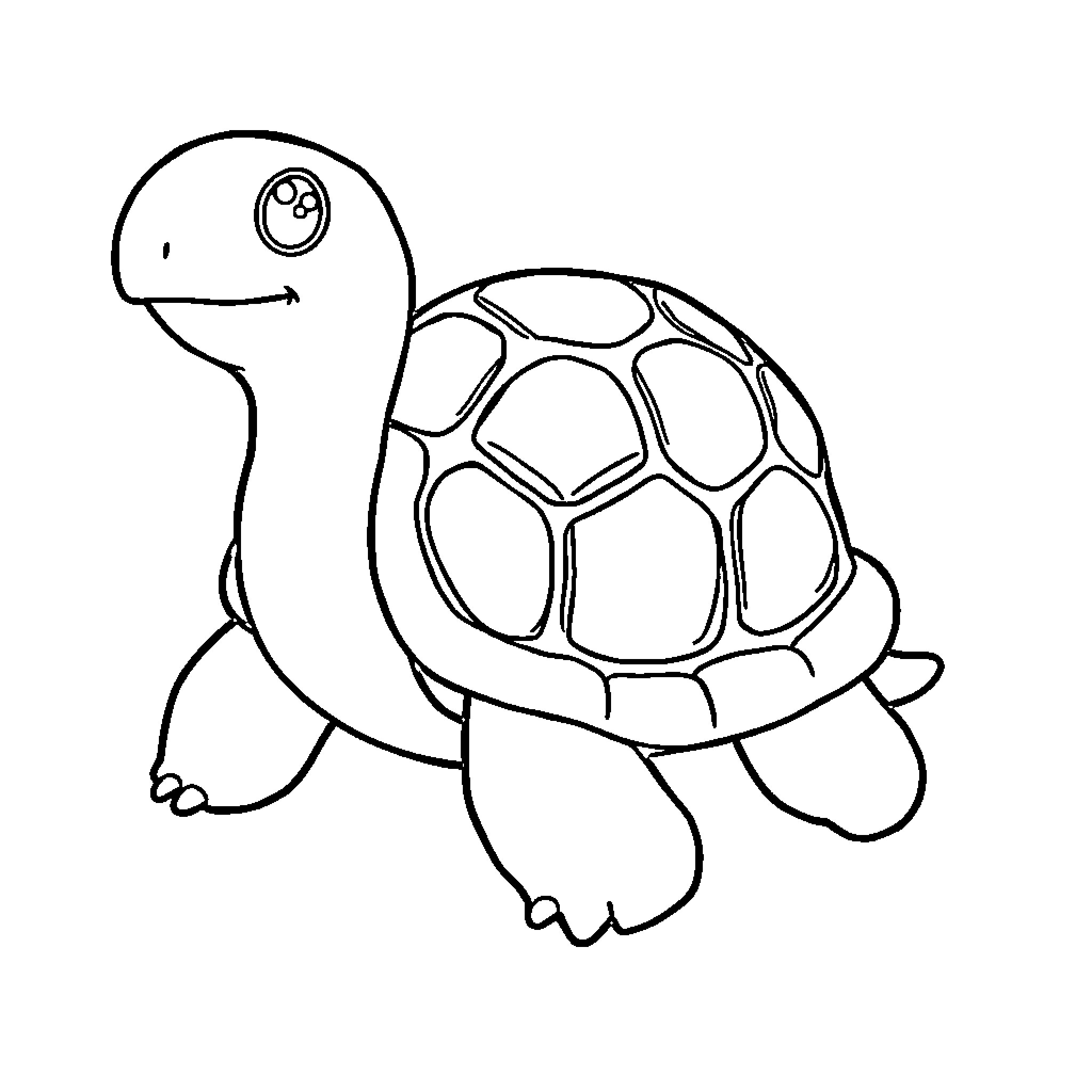Turtle walking with a cheerful expression Coloring Page (free black-and-white line drawing printable PDF for all, from beginners to advanced learners, including children, teens, adults, and seniors)