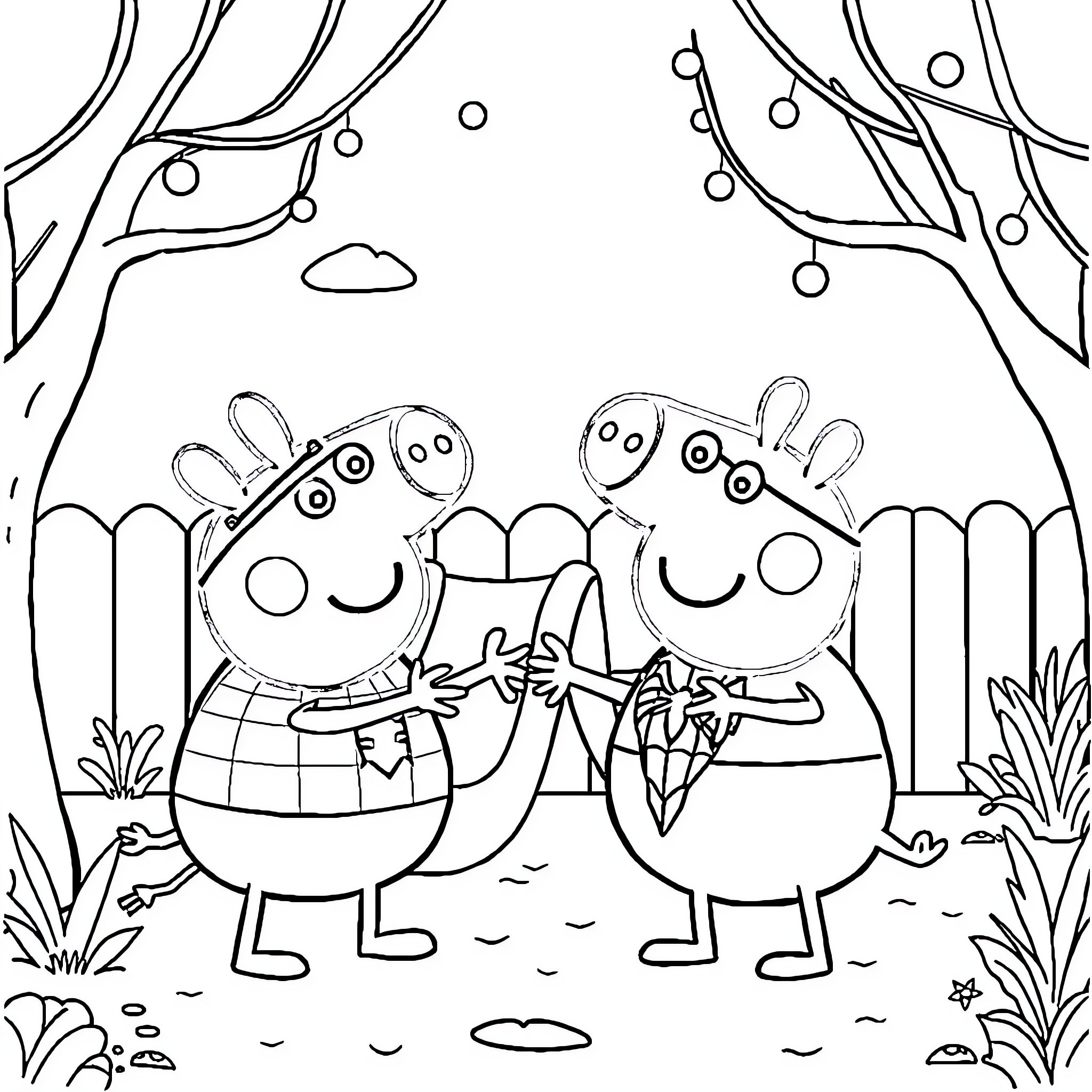 Peppa Pig characters in a nature scene Coloring Page (free black-and-white line drawing printable PDF for all, from beginners to advanced learners, including children, teens, adults, and seniors)