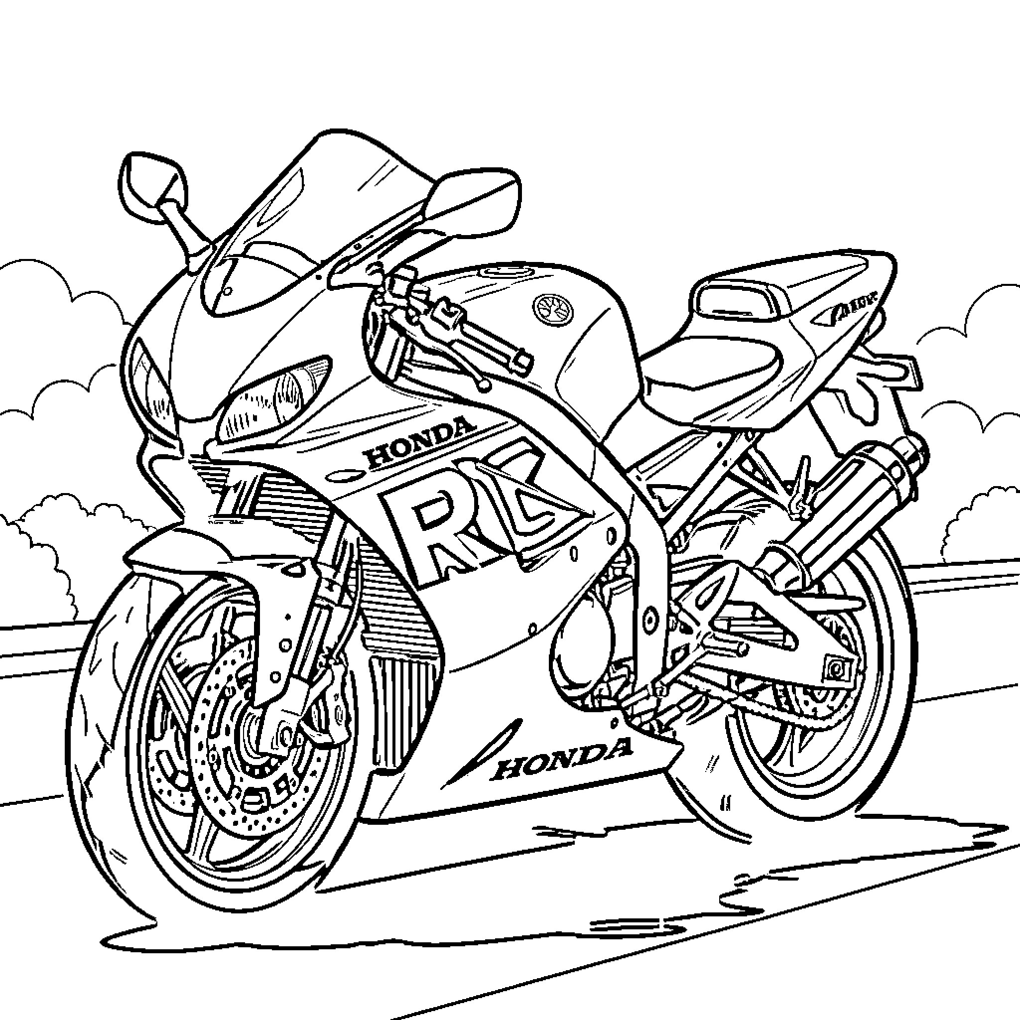 Honda RC30 racing motorcycle on winding road Coloring Page (free black-and-white line drawing printable PDF for all, from beginners to advanced learners, including children, teens, adults, and seniors)