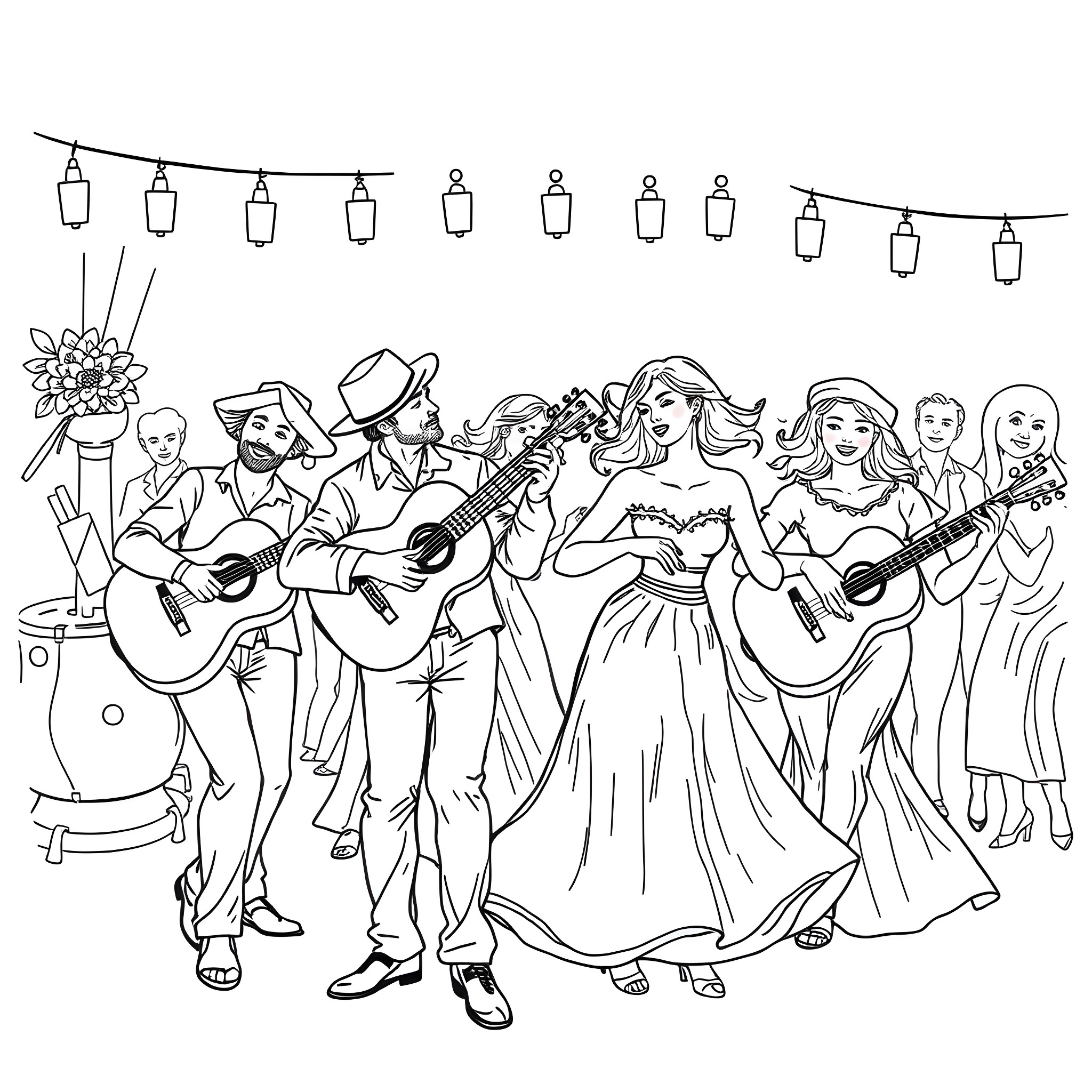 Music Instrument Performers Entertaining Guests at a Party Coloring Page (free black-and-white line drawing printable PDF for all, from beginners to advanced learners, including children, teens, adults, and seniors)