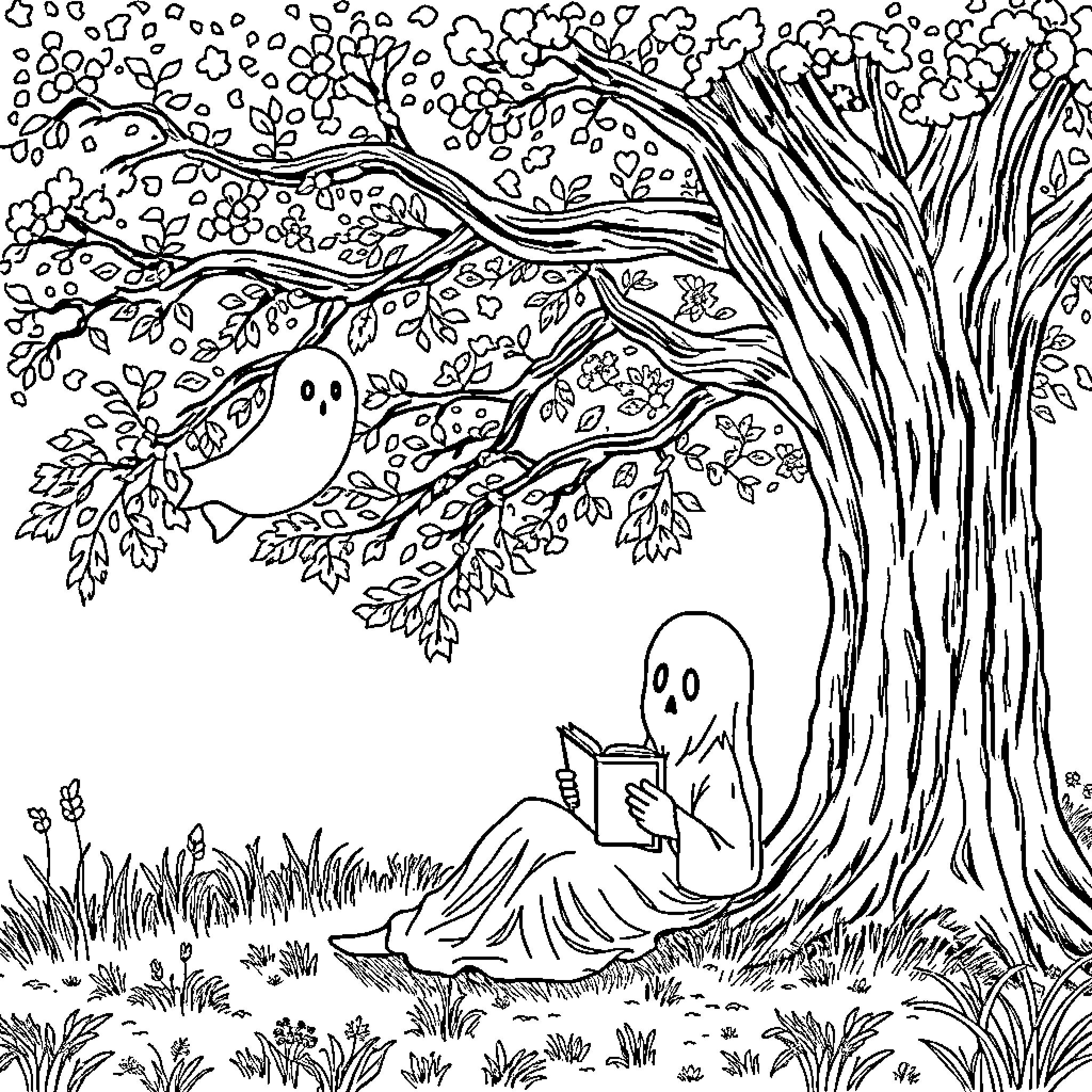 Ghost Figures Reading and Observing Nature Coloring Page (free black-and-white line drawing printable PDF for all, from beginners to advanced learners, including children, teens, adults, and seniors)