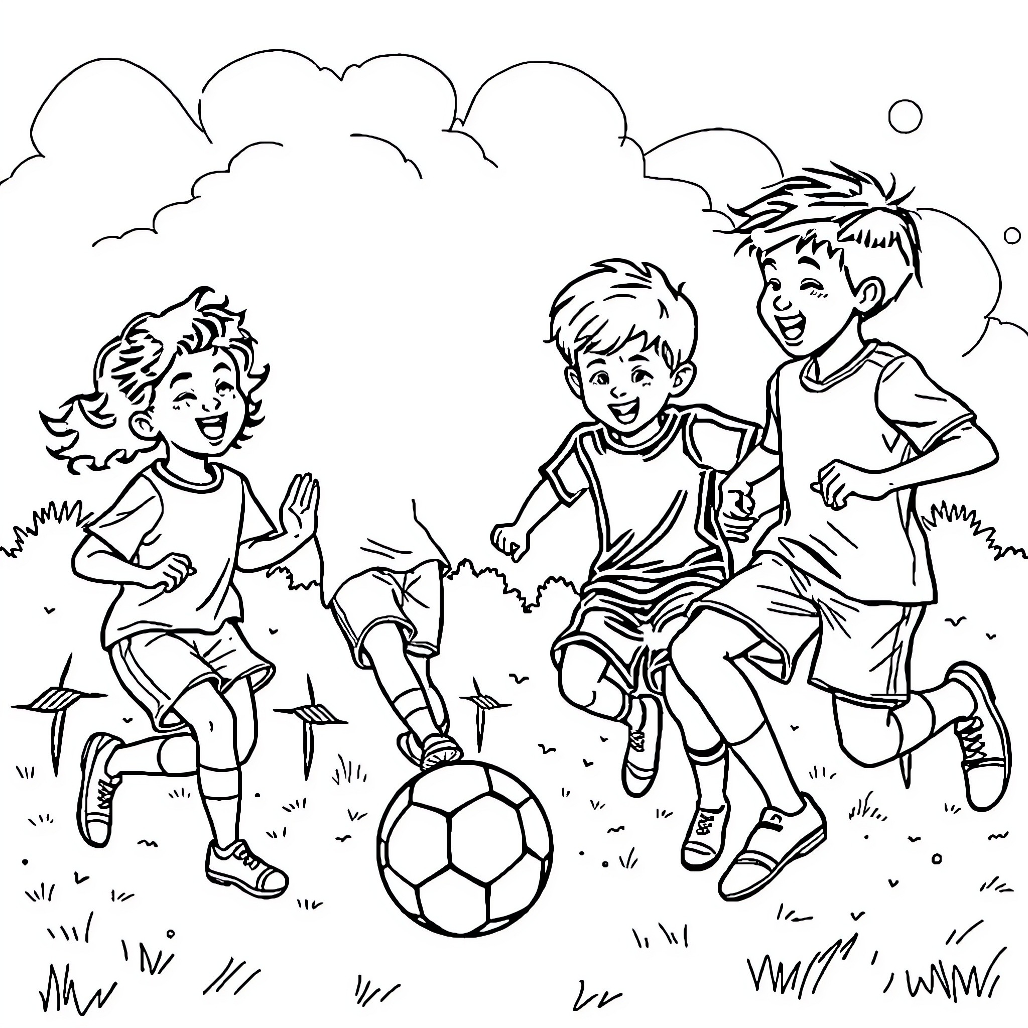 Soccer friends playing joyfully outdoors Coloring Page (free black-and-white line drawing printable PDF for all, from beginners to advanced learners, including children, teens, adults, and seniors)