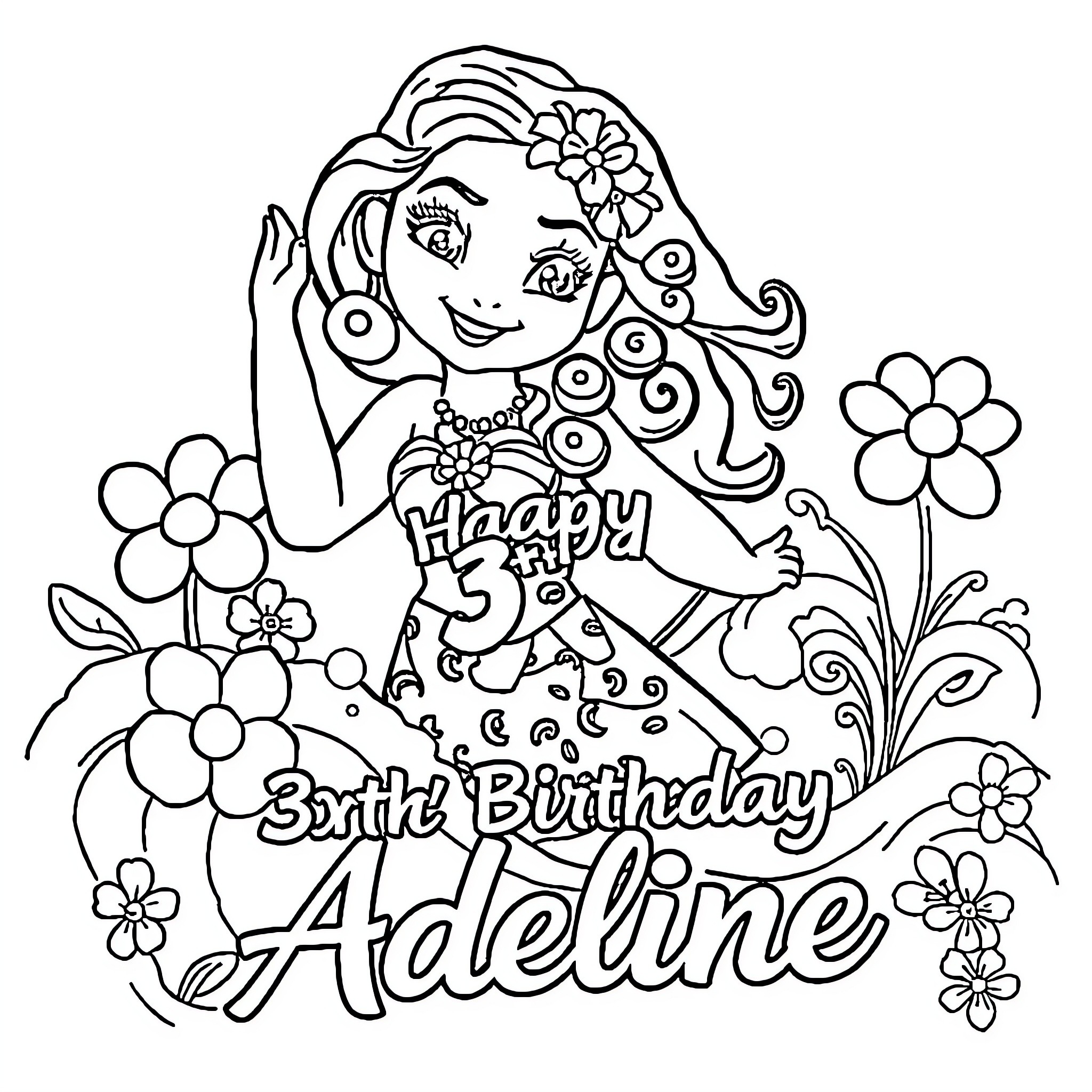 Moana's 3rd Birthday Celebration with Flowers Coloring Page (free black-and-white line drawing printable PDF for all, from beginners to advanced learners, including children, teens, adults, and seniors)