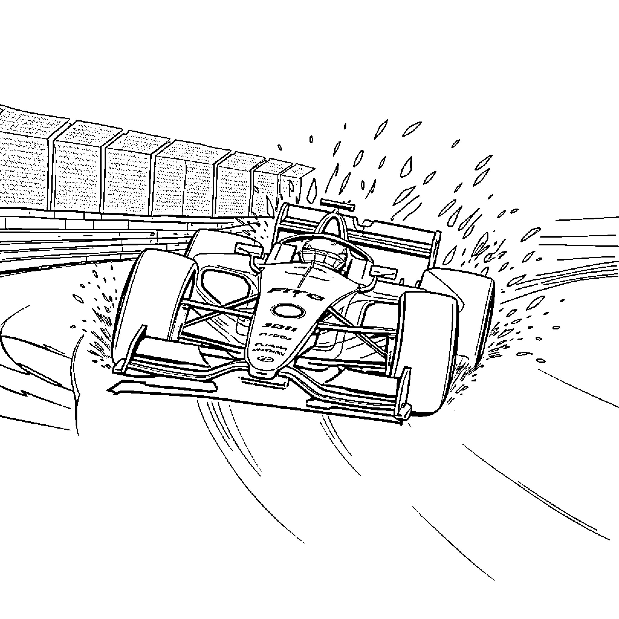 McLaren Formula One Race Car on the Track Coloring Page (free black-and-white line drawing printable PDF for all, from beginners to advanced learners, including children, teens, adults, and seniors)