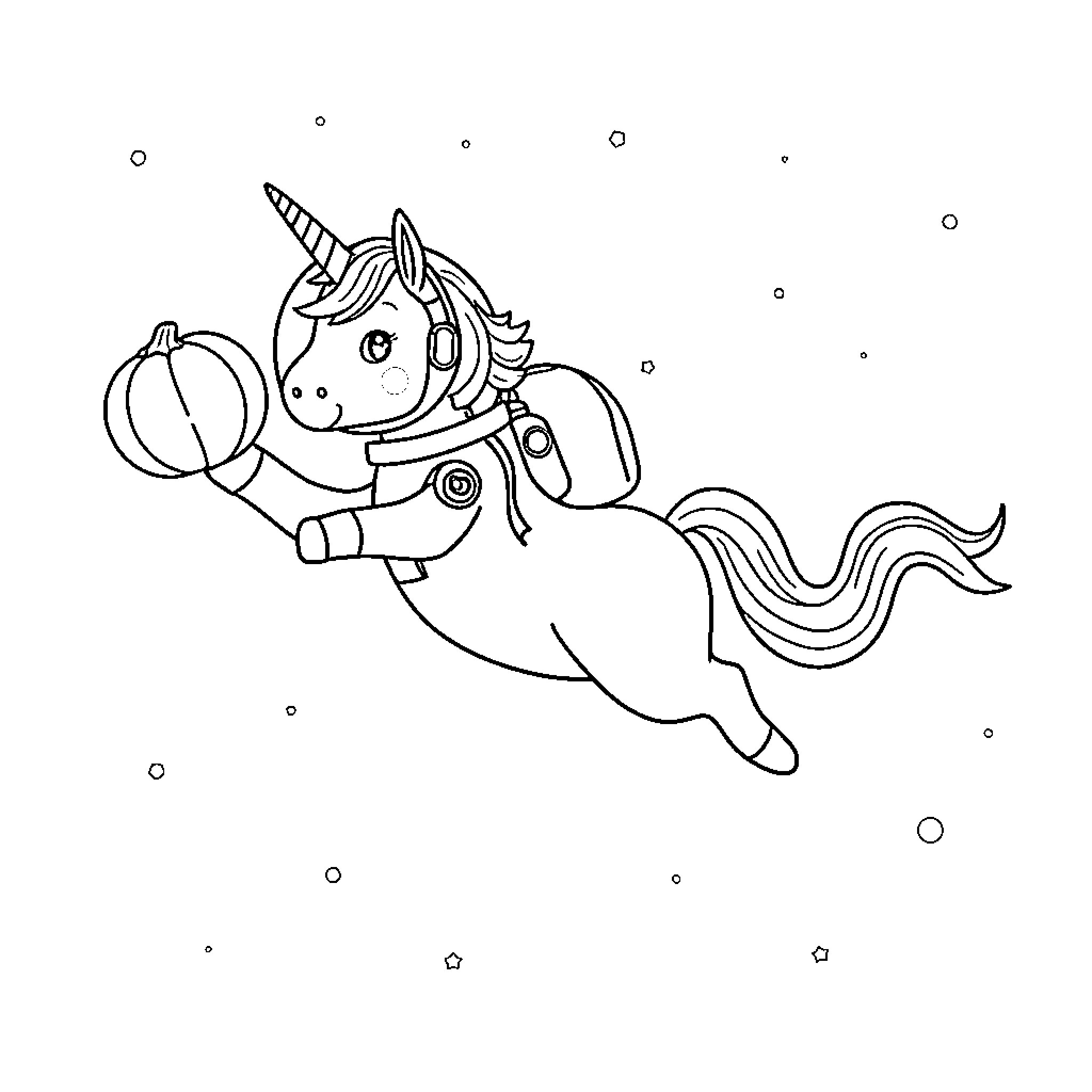 Unicorn flying with pumpkin in space Coloring Page (free black-and-white line drawing printable PDF for all, from beginners to advanced learners, including children, teens, adults, and seniors)