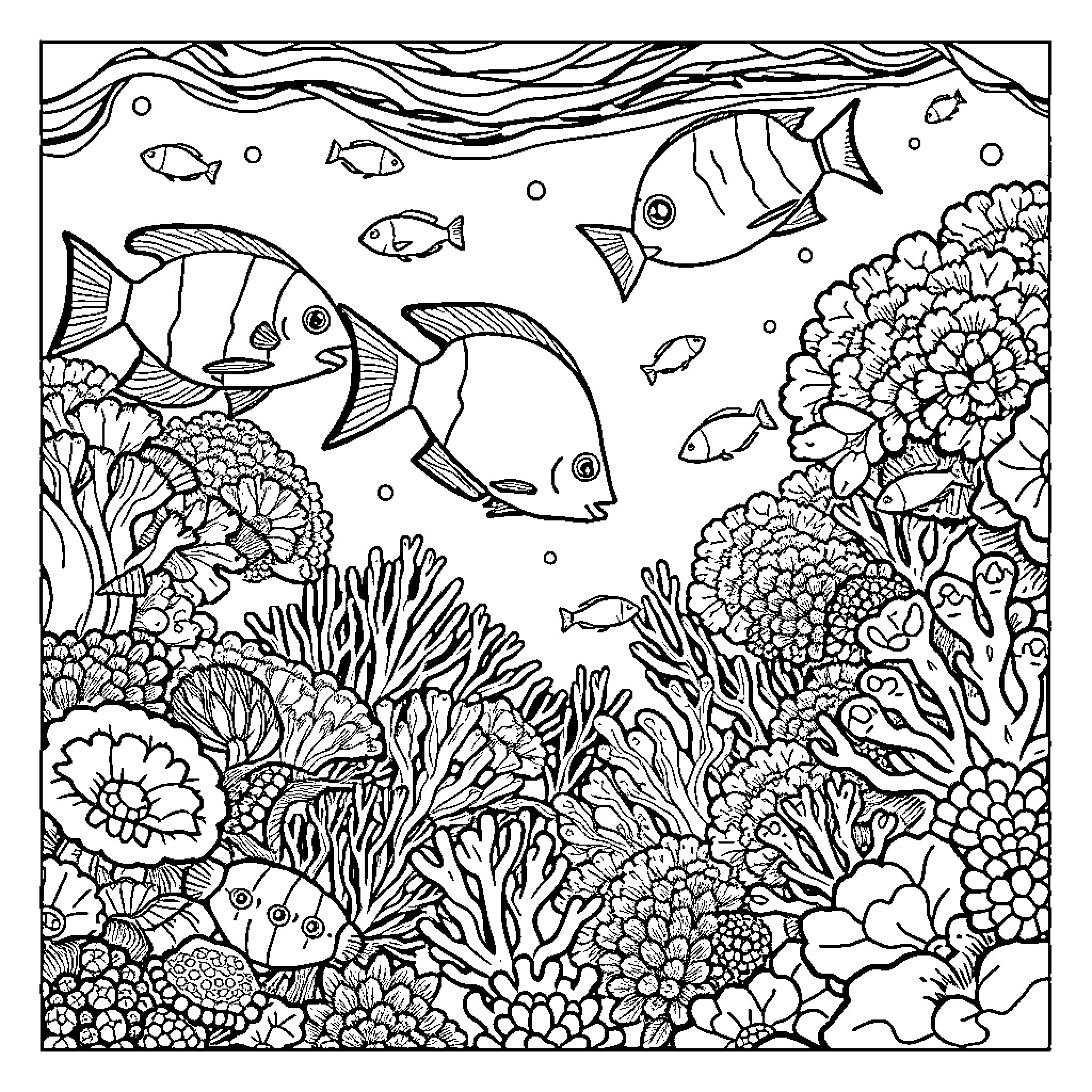 Deep Sea Underwater Coral Reef with Fish Coloring Page (free black-and-white line drawing printable PDF for all, from beginners to advanced learners, including children, teens, adults, and seniors)