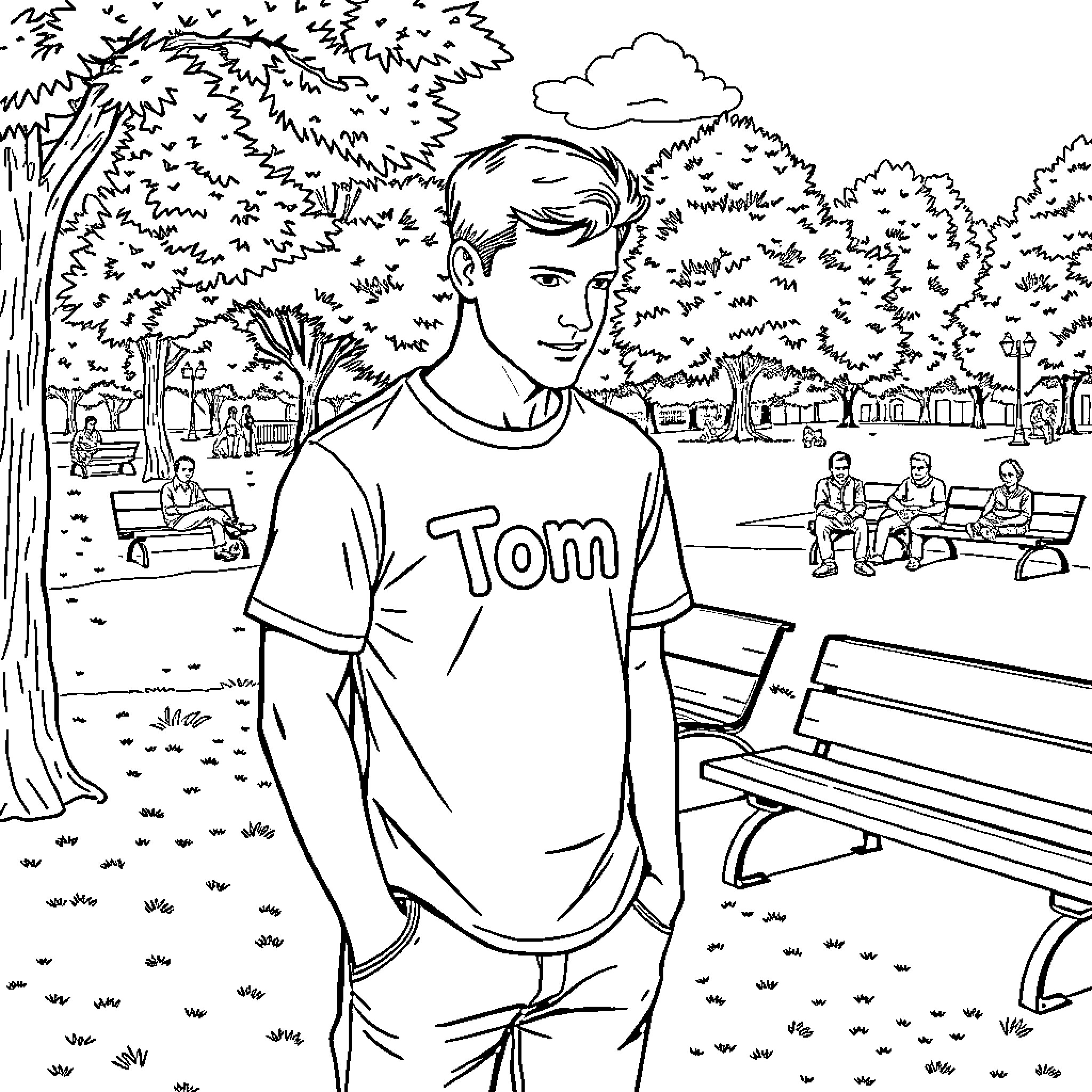 Tom enjoying a day in the park Coloring Page (free black-and-white line drawing printable PDF for all, from beginners to advanced learners, including children, teens, adults, and seniors)