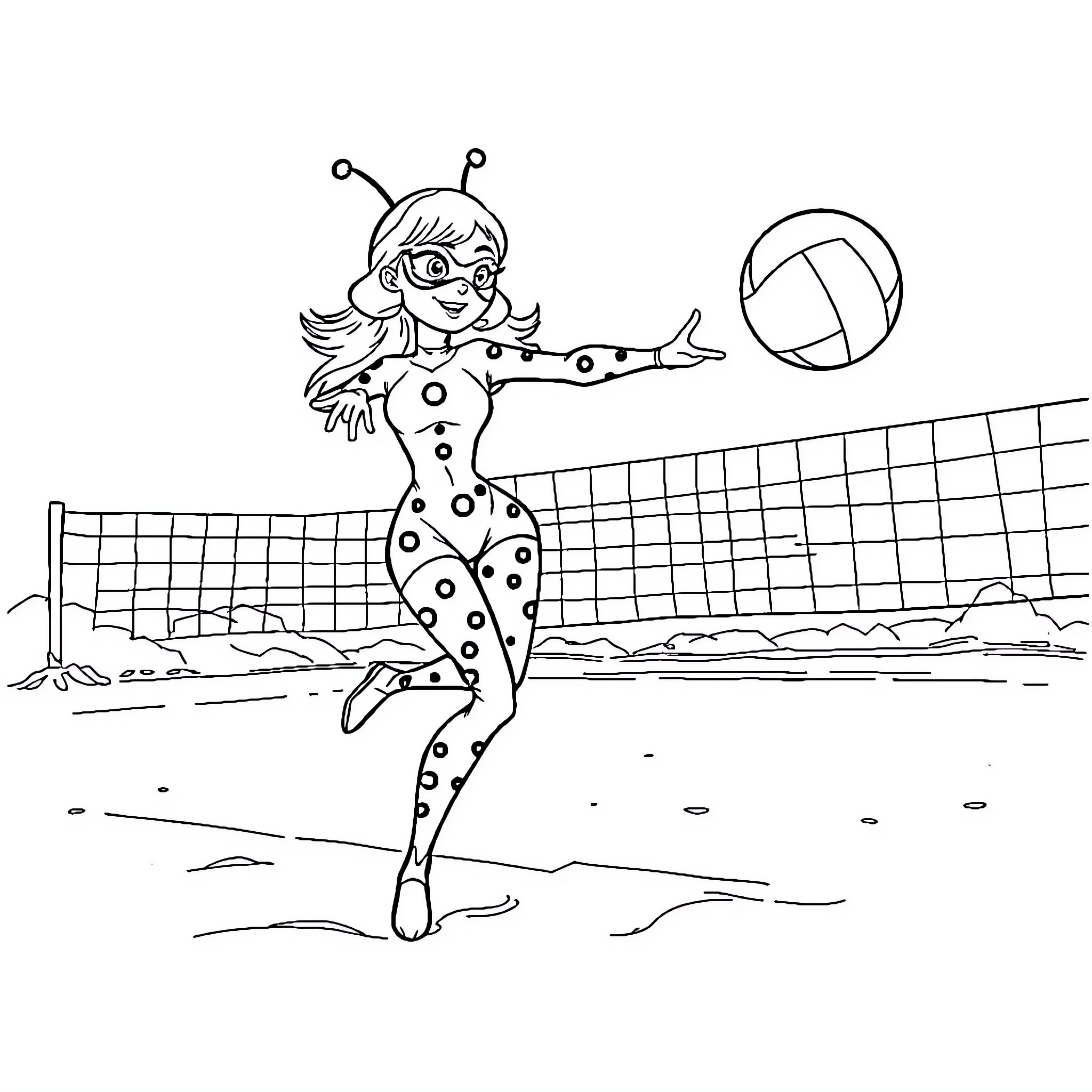 Ladybug playing volleyball at the beach Coloring Page (free black-and-white line drawing printable PDF for all, from beginners to advanced learners, including children, teens, adults, and seniors)