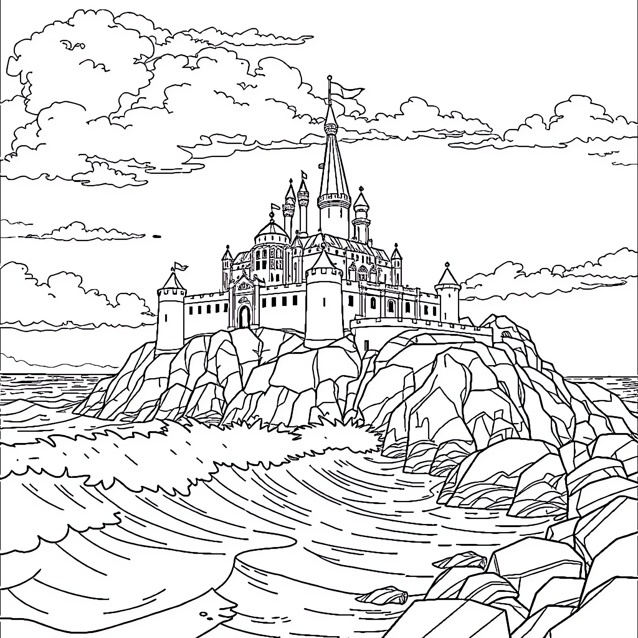 Château on a Rugged Coastal Landscape Coloring Page (free black-and-white line drawing printable PDF for all, from beginners to advanced learners, including children, teens, adults, and seniors)