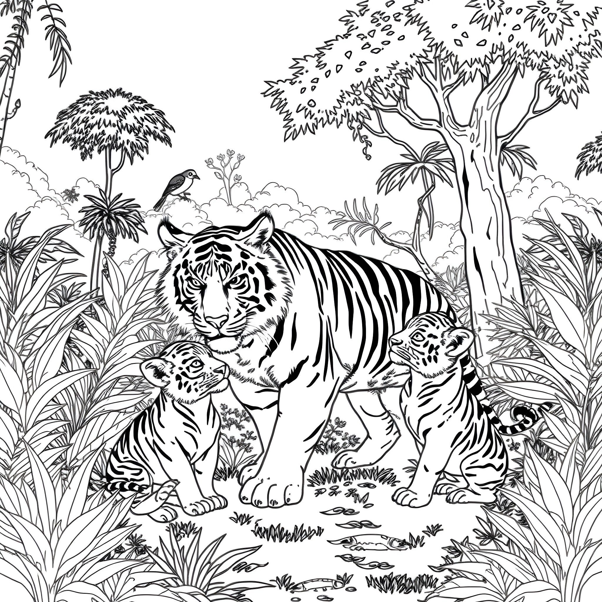 Tiger family roaming through the lush jungle Coloring Page (free black-and-white line drawing printable PDF for all, from beginners to advanced learners, including children, teens, adults, and seniors)