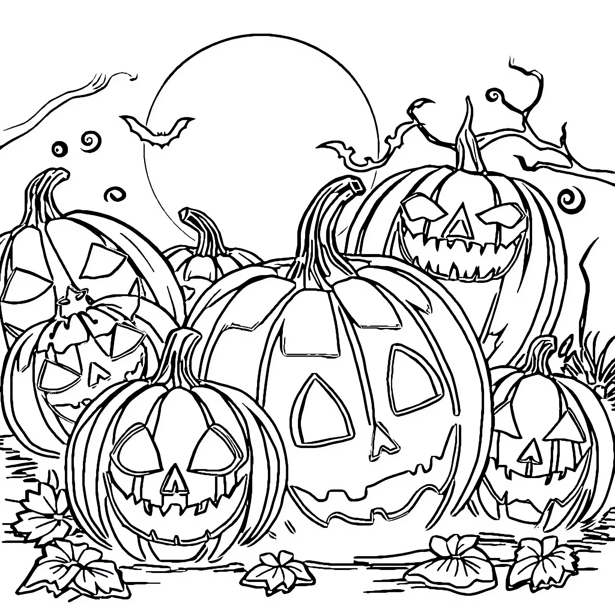 Pumpkin Patch Halloween Scene Coloring Page (free black-and-white line drawing printable PDF for all, from beginners to advanced learners, including children, teens, adults, and seniors)