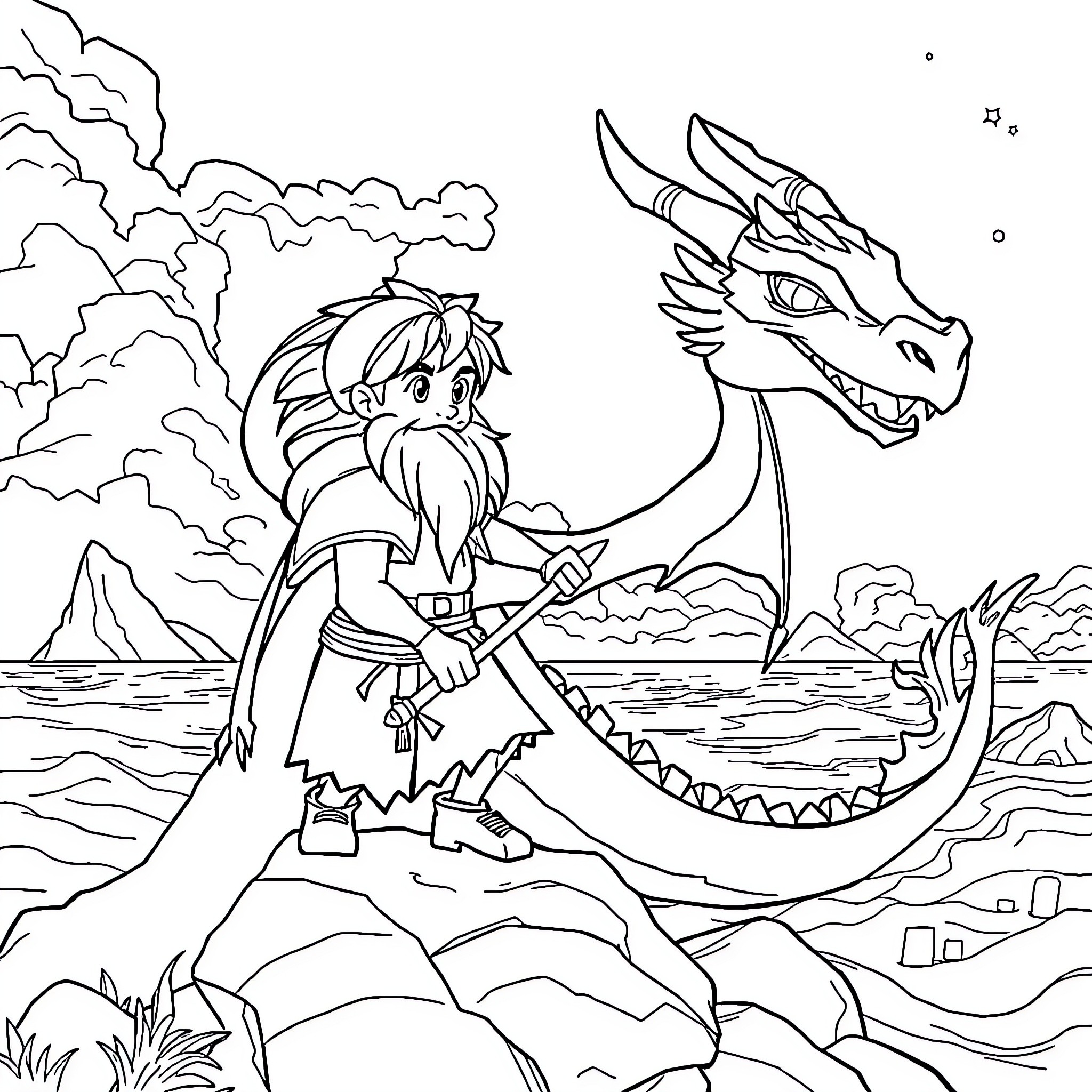 Dragon warrior riding a fierce dragon through a stormy landscape Coloring Page (free black-and-white line drawing printable PDF for all, from beginners to advanced learners, including children, teens, adults, and seniors)