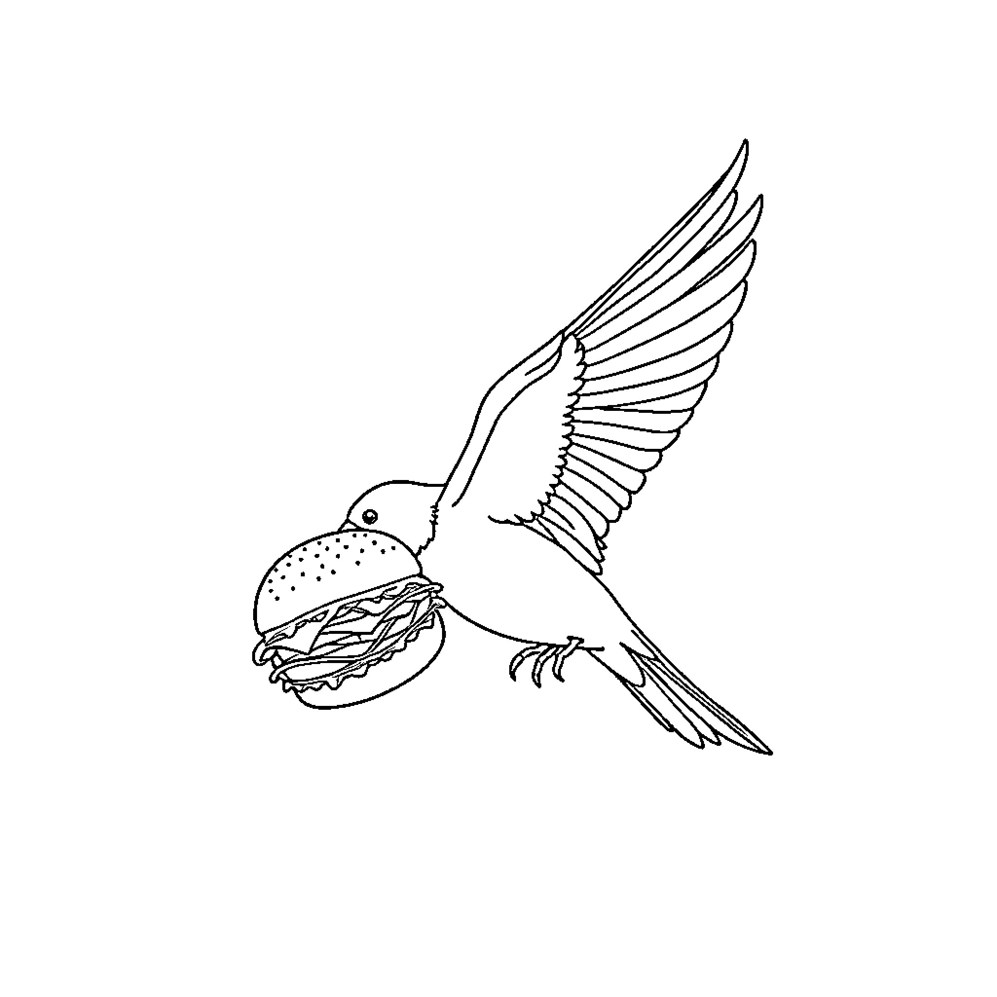 Bird carrying a tasty burger in flight Coloring Page (free black-and-white line drawing printable PDF for all, from beginners to advanced learners, including children, teens, adults, and seniors)