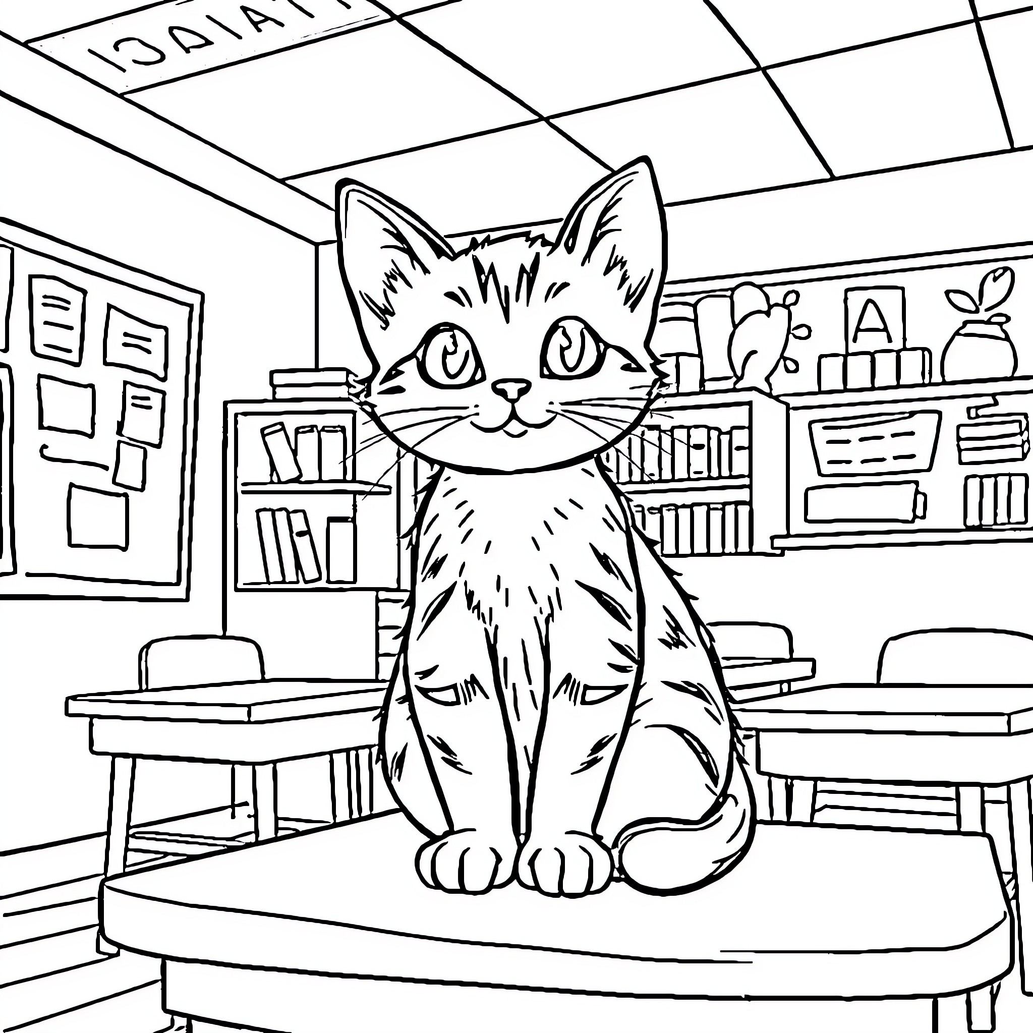 Cat sitting in a classroom Coloring Page (free black-and-white line drawing printable PDF for all, from beginners to advanced learners, including children, teens, adults, and seniors)