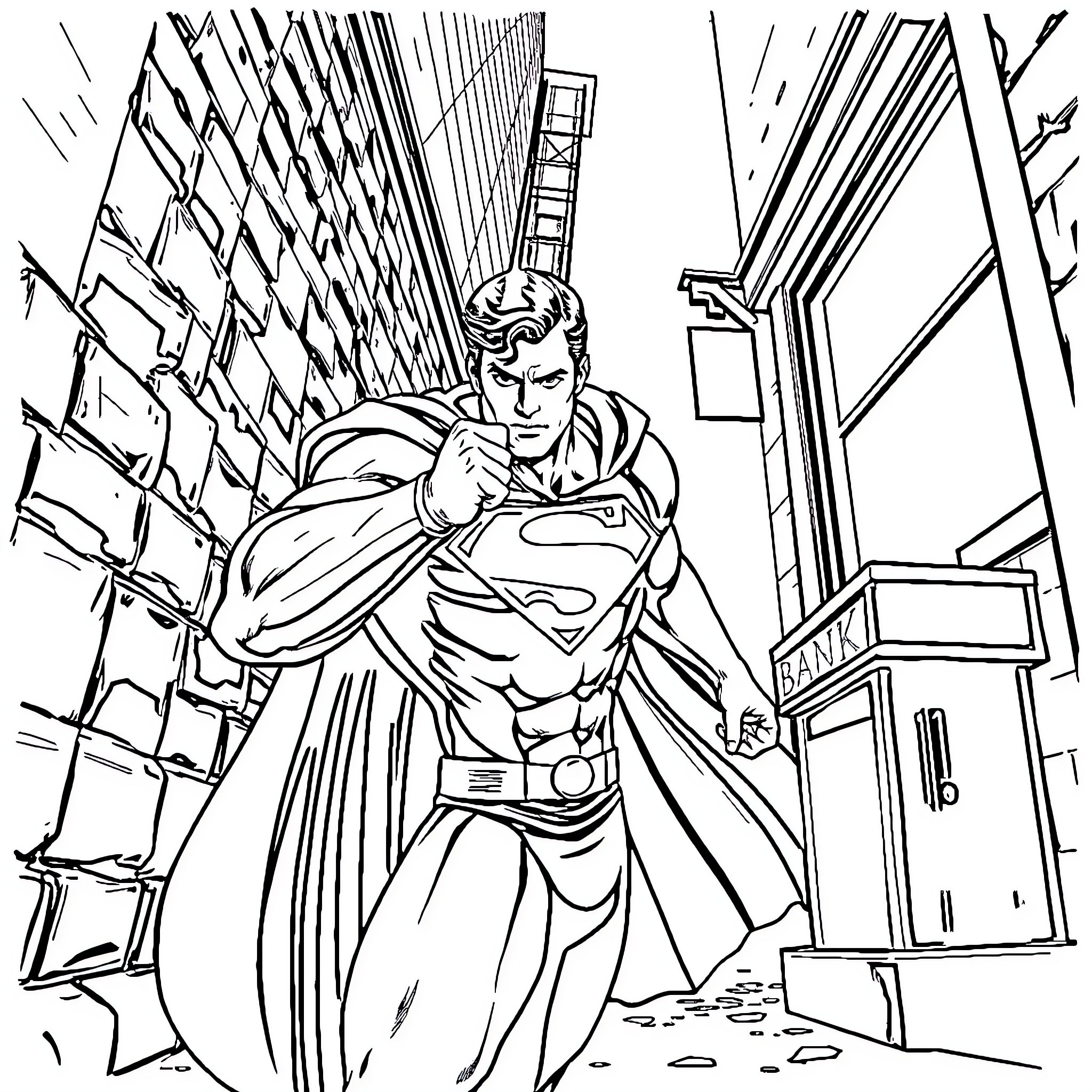 Superman heroically flying through the city Coloring Page (free black-and-white line drawing printable PDF for all, from beginners to advanced learners, including children, teens, adults, and seniors)
