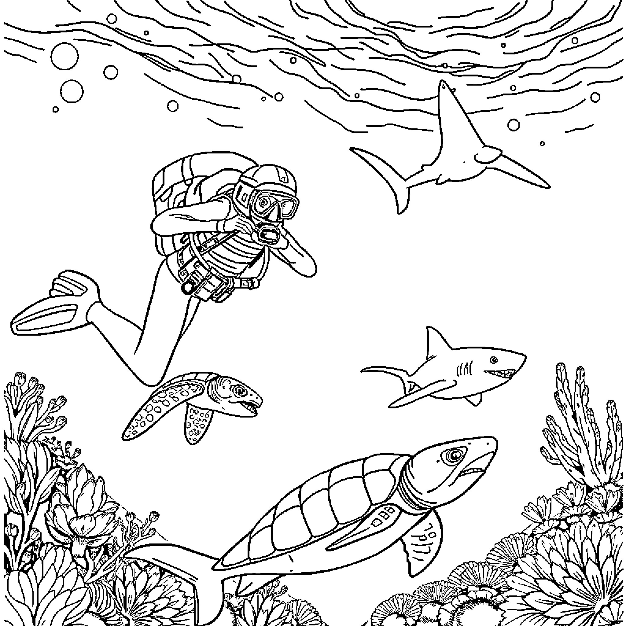 Diver exploring underwater marine life Coloring Page (free black-and-white line drawing printable PDF for all, from beginners to advanced learners, including children, teens, adults, and seniors)