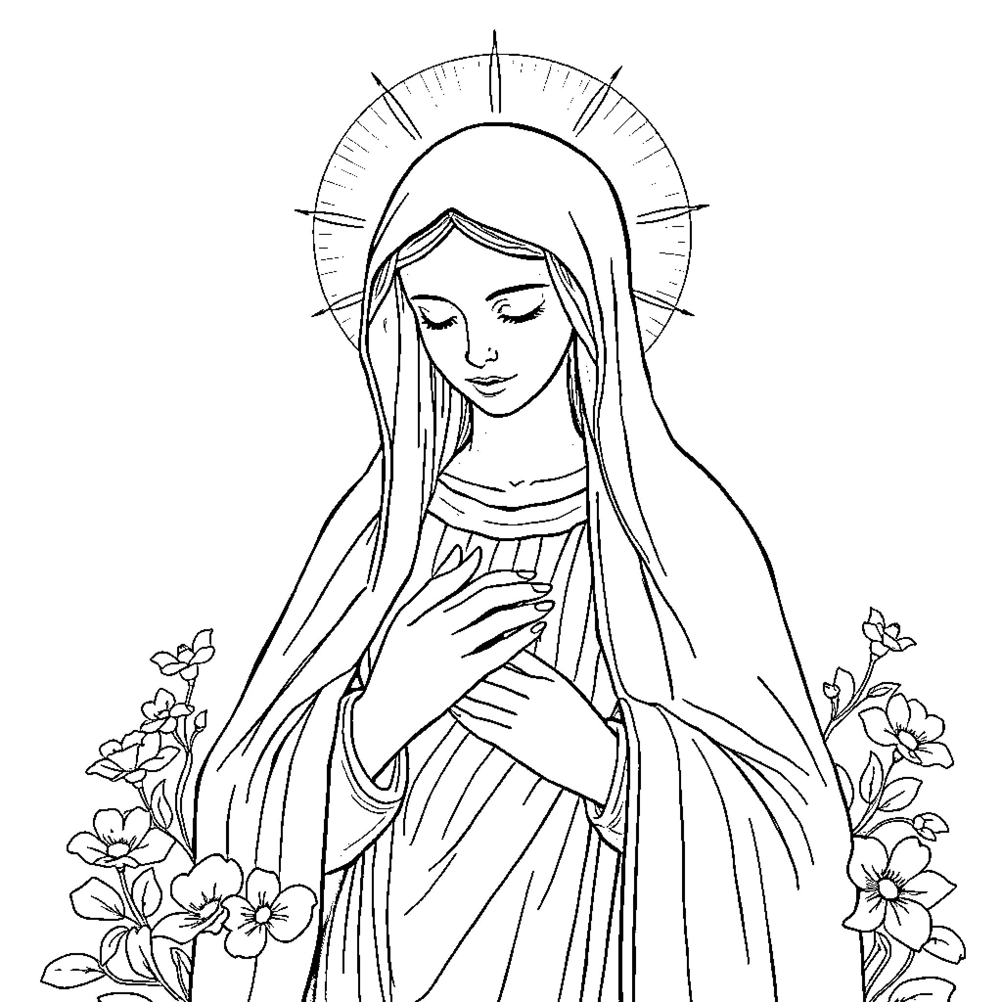 Inmaculata's serene contemplation with floral accents Coloring Page (free black-and-white line drawing printable PDF for all, from beginners to advanced learners, including children, teens, adults, and seniors)