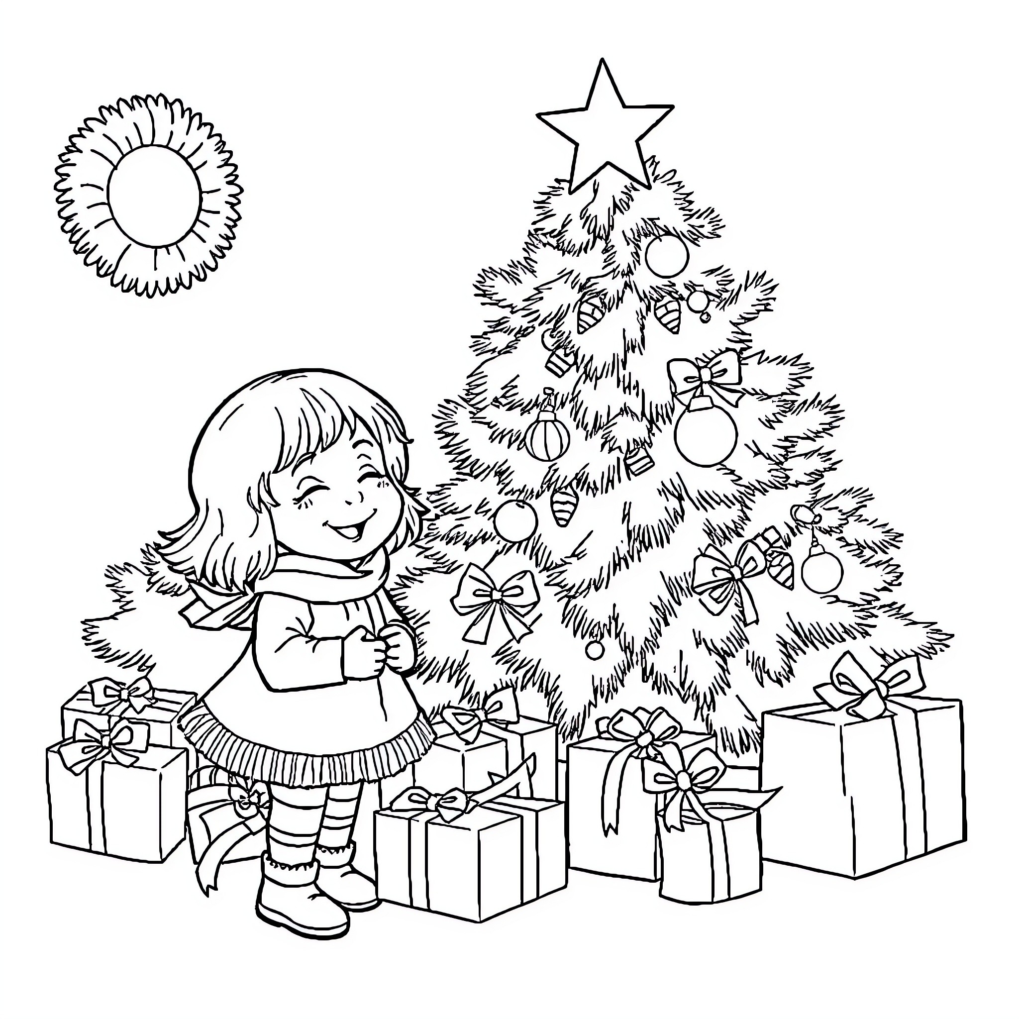 Fille decorating Christmas tree with presents Coloring Page (free black-and-white line drawing printable PDF for all, from beginners to advanced learners, including children, teens, adults, and seniors)