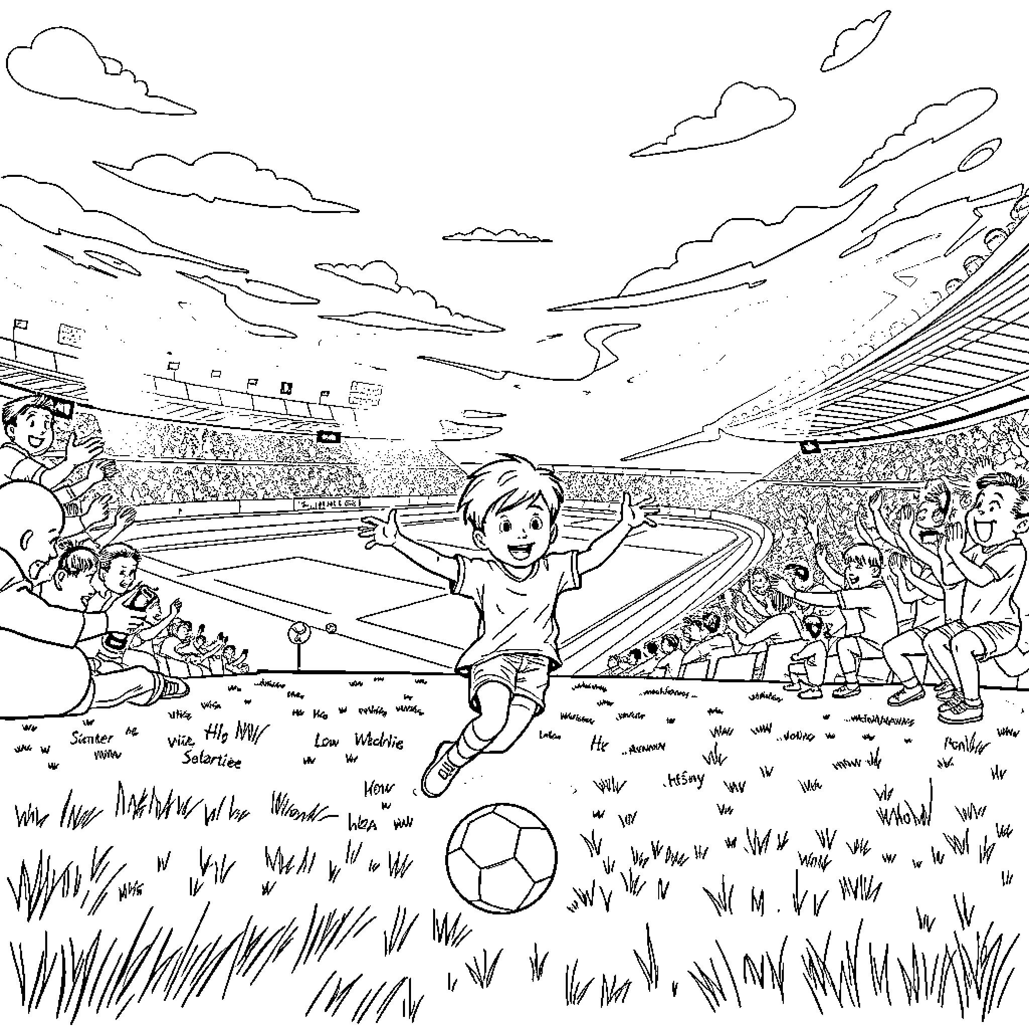 Boy playing joyfully in a soccer stadium Coloring Page (free black-and-white line drawing printable PDF for all, from beginners to advanced learners, including children, teens, adults, and seniors)