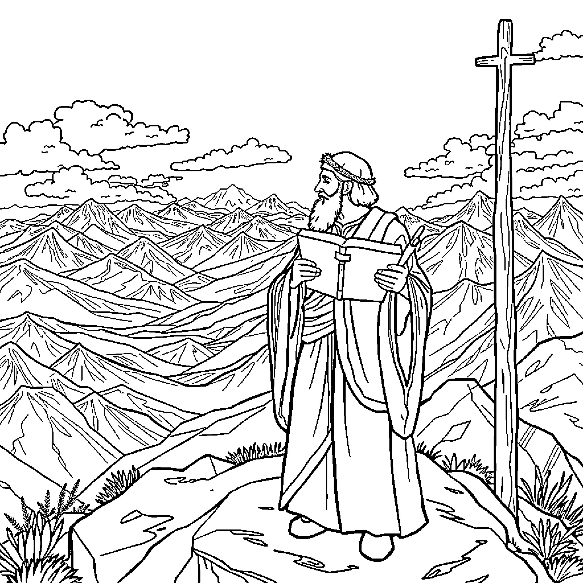 Moise preaching in the mountain wilderness Coloring Page (free black-and-white line drawing printable PDF for all, from beginners to advanced learners, including children, teens, adults, and seniors)
