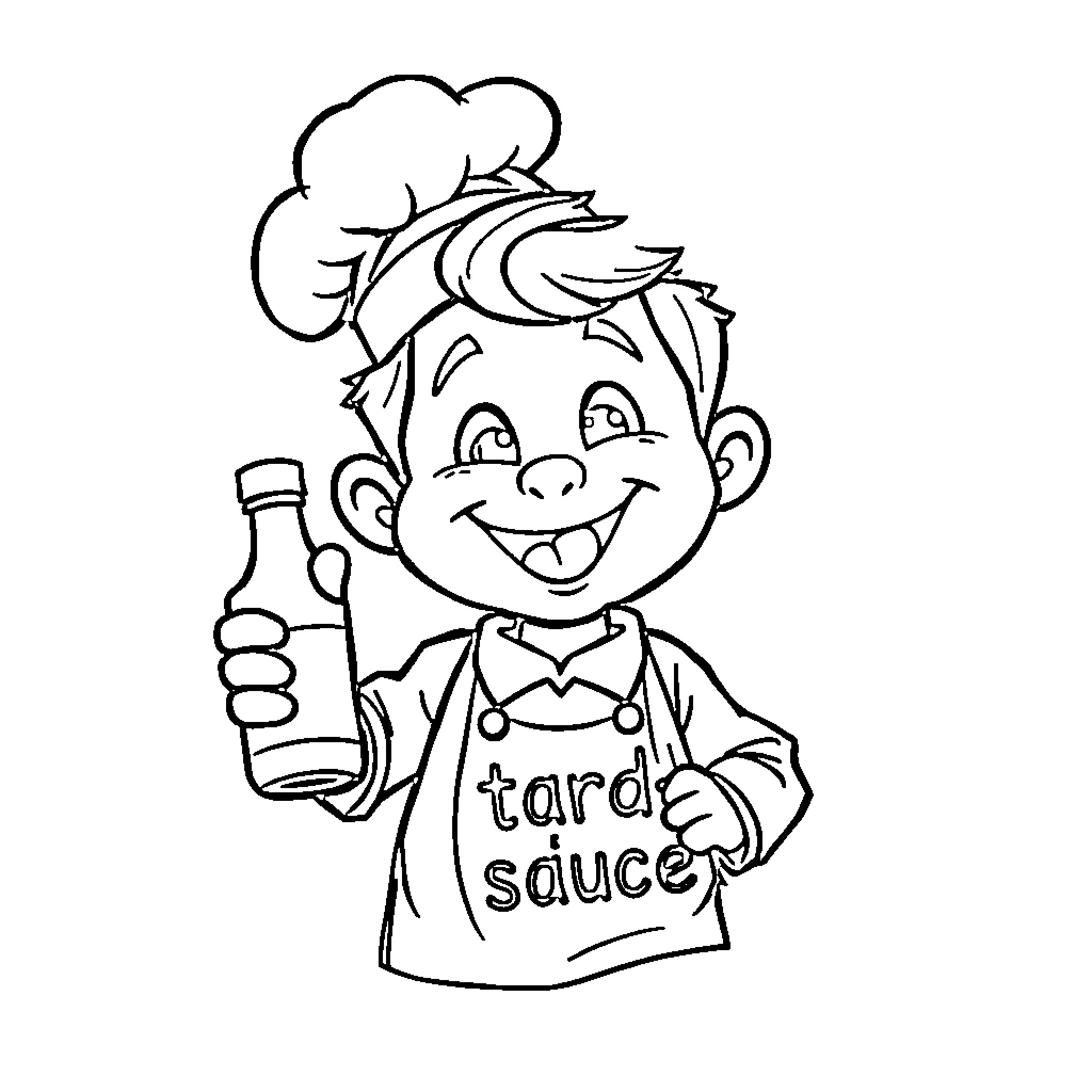 Chef with Tartar Sauce Bottle Coloring Page (free black-and-white line drawing printable PDF for all, from beginners to advanced learners, including children, teens, adults, and seniors)