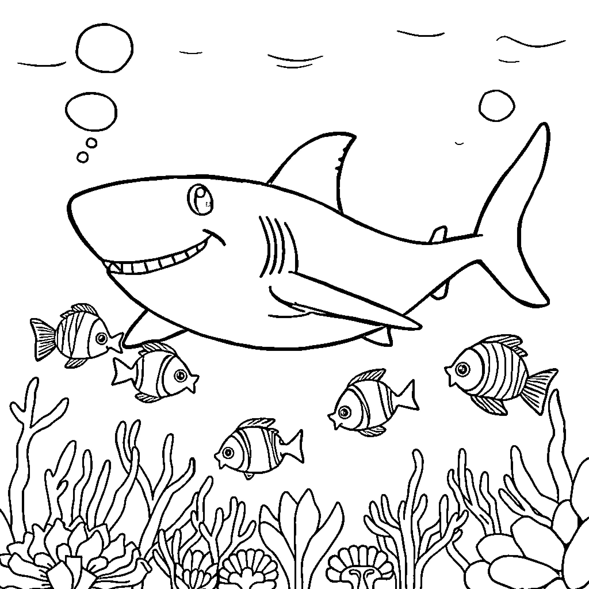 Shark swimming with colorful fish in the ocean Coloring Page (free black-and-white line drawing printable PDF for all, from beginners to advanced learners, including children, teens, adults, and seniors)