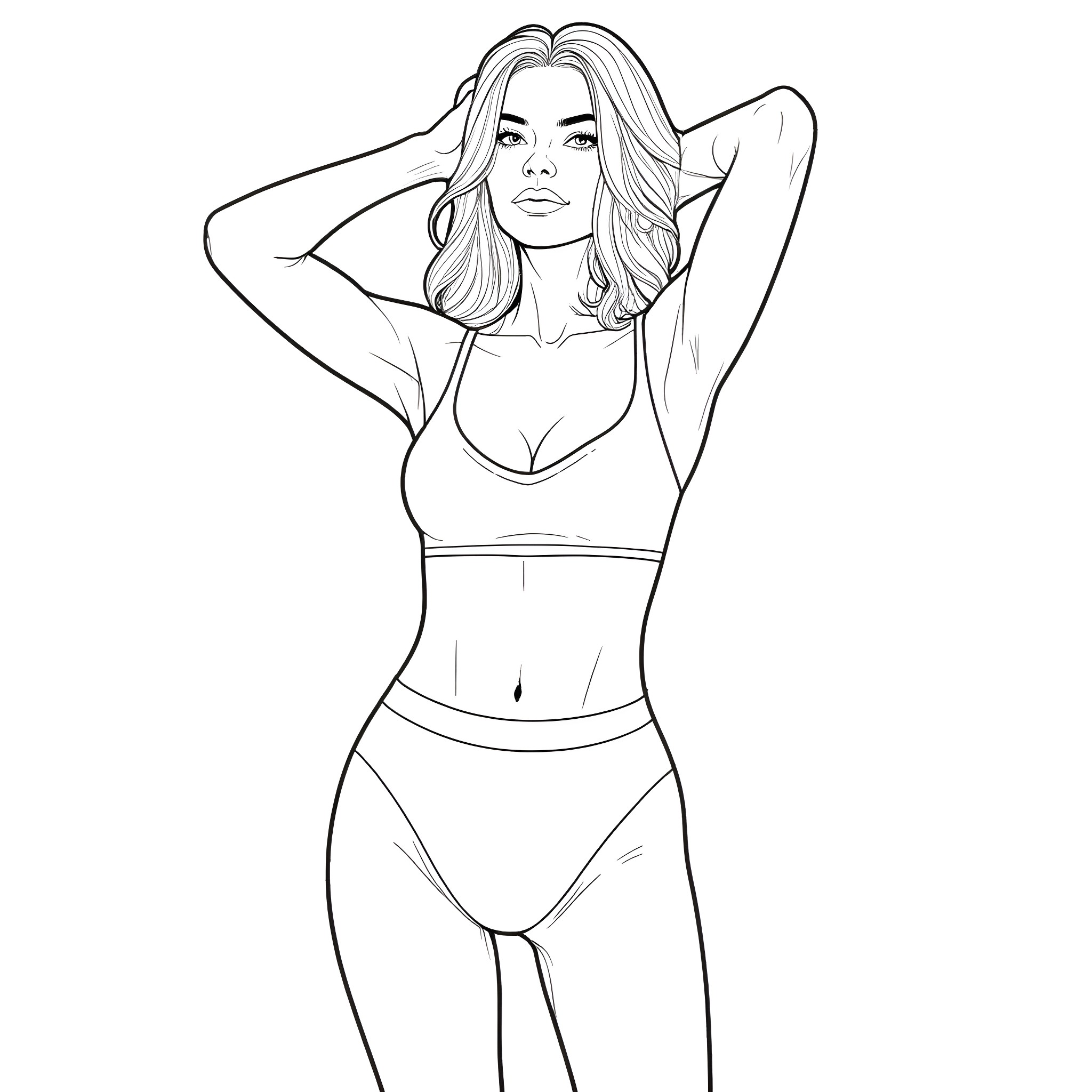 Female Model Posing Confidently in Lingerie Coloring Page (free black-and-white line drawing printable PDF for all, from beginners to advanced learners, including children, teens, adults, and seniors)