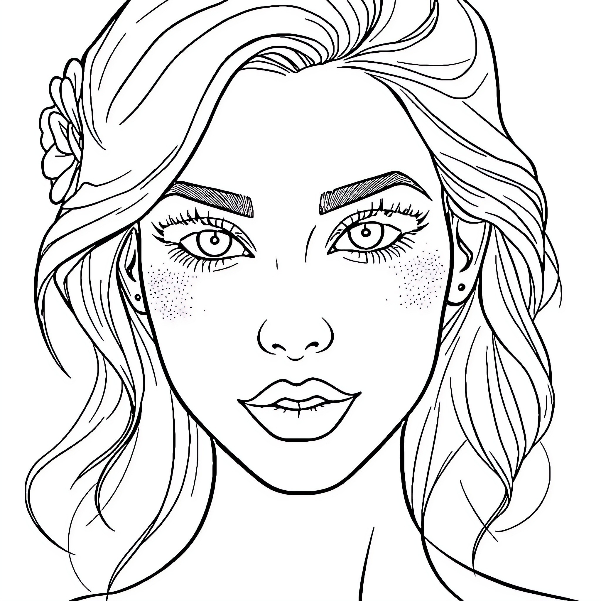 Woman with expressive eyes and flowing hair Coloring Page (free black-and-white line drawing printable PDF for all, from beginners to advanced learners, including children, teens, adults, and seniors)