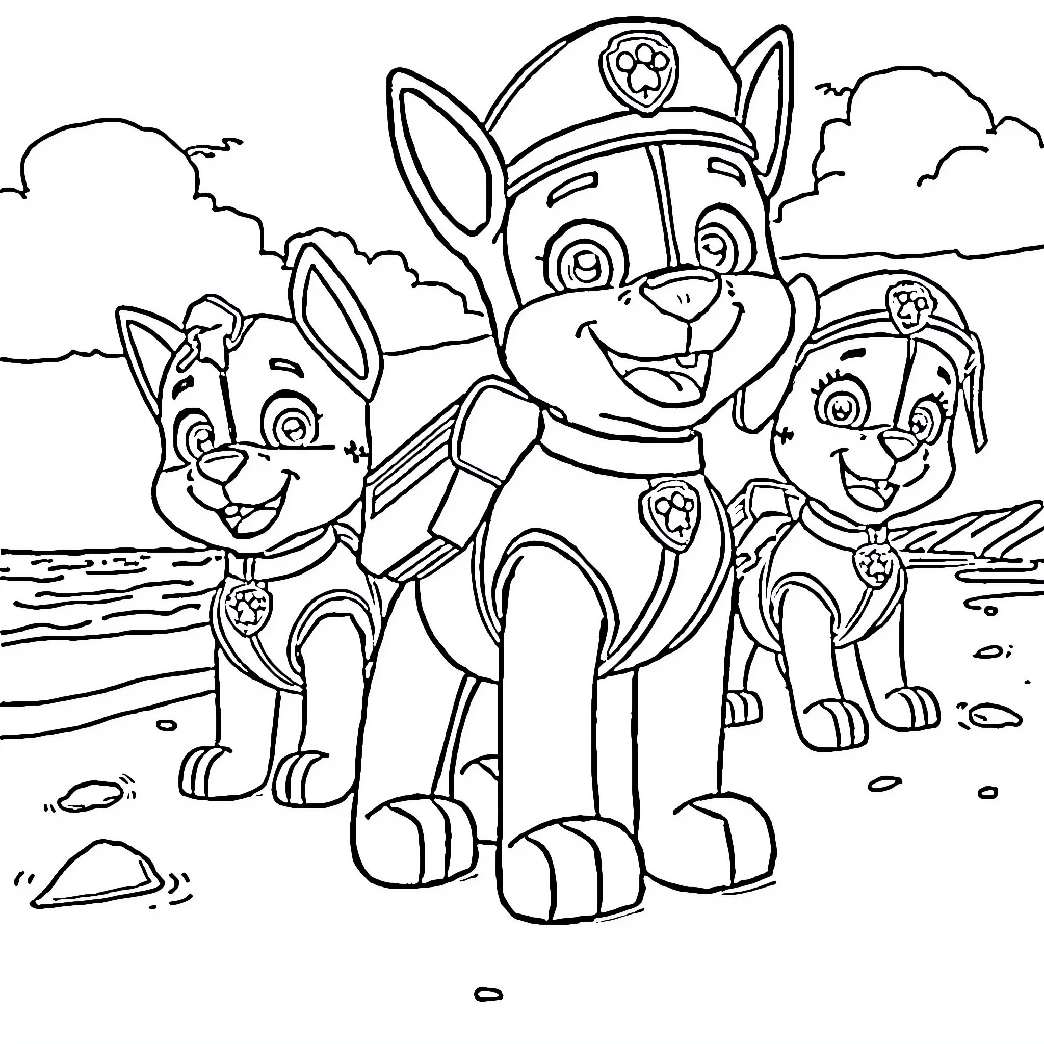 Paw Patrol characters on an adventure Coloring Page (free black-and-white line drawing printable PDF for all, from beginners to advanced learners, including children, teens, adults, and seniors)