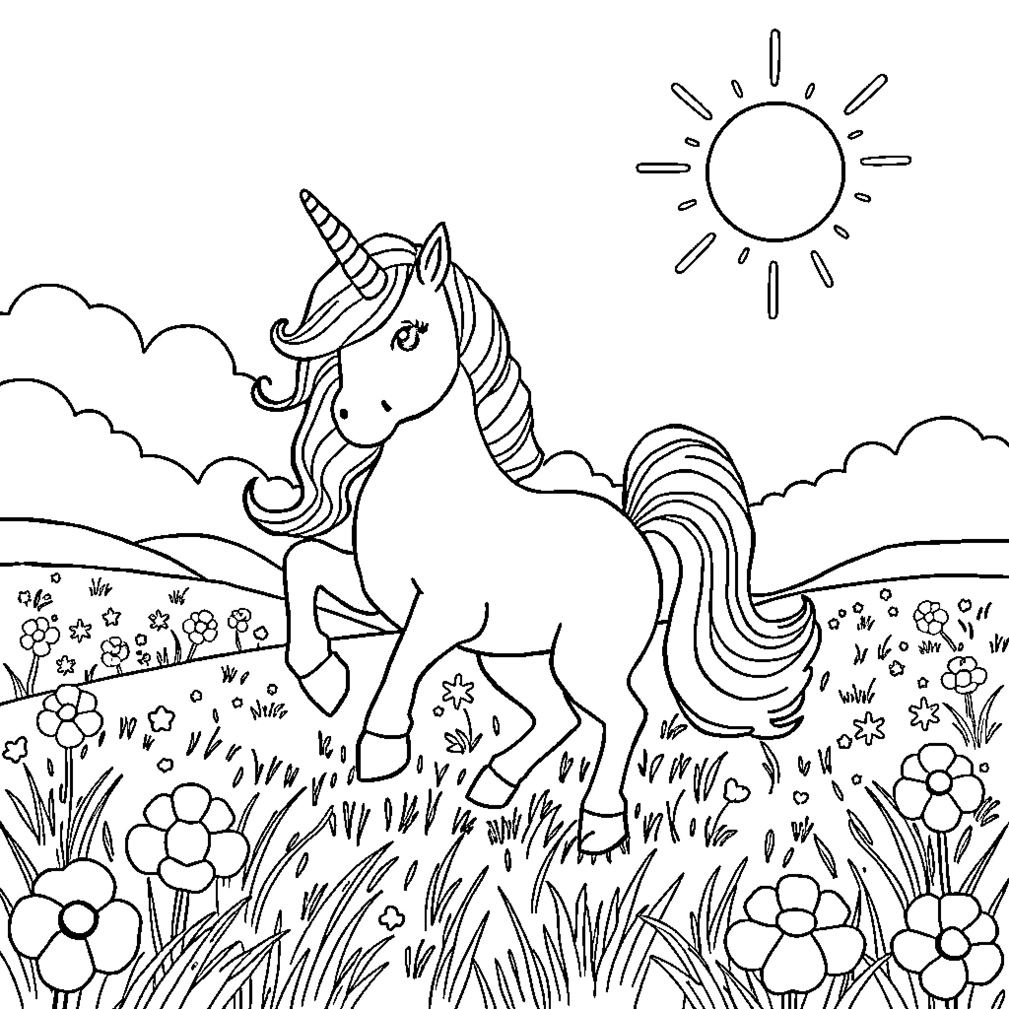 Unicorn running freely in a lush meadow Coloring Page (free black-and-white line drawing printable PDF for all, from beginners to advanced learners, including children, teens, adults, and seniors)