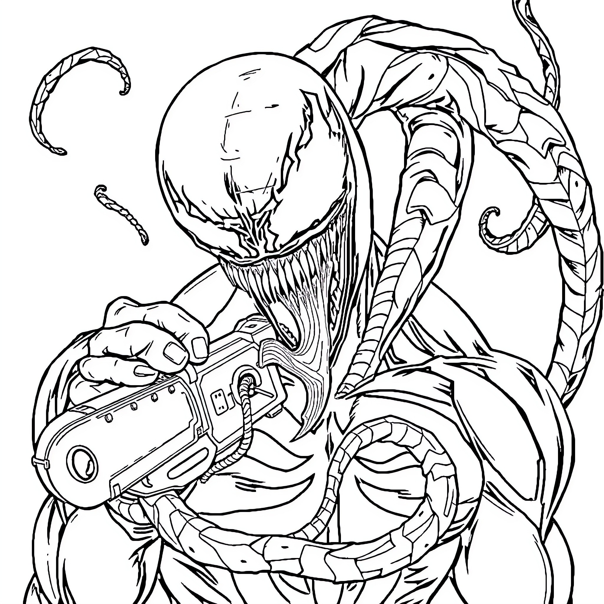 Chainsaw Man with Menacing Appearance and Supernatural Weapon Coloring Page (free black-and-white line drawing printable PDF for all, from beginners to advanced learners, including children, teens, adults, and seniors)