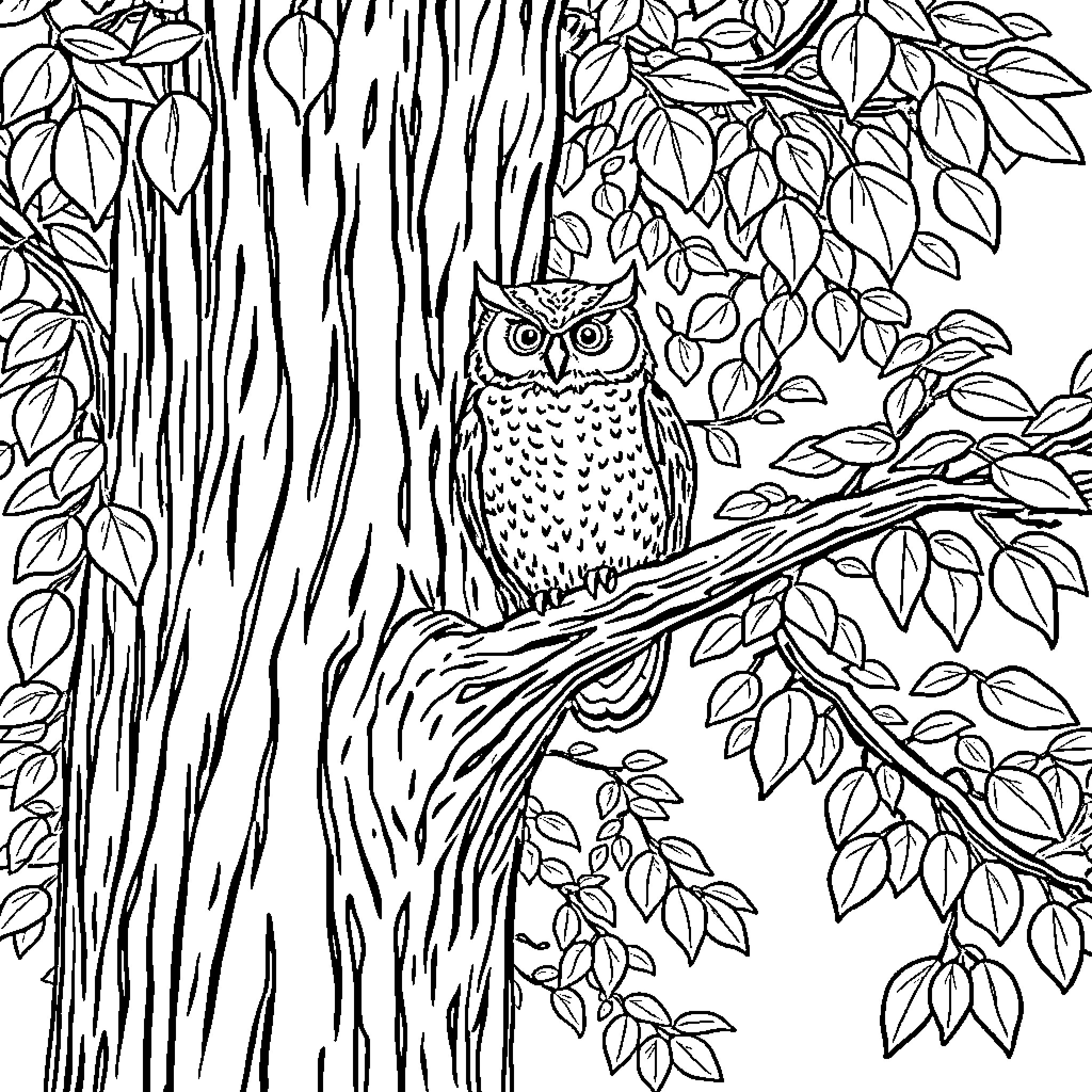 Owl perched on a tree trunk surrounded by leaves Coloring Page (free black-and-white line drawing printable PDF for all, from beginners to advanced learners, including children, teens, adults, and seniors)