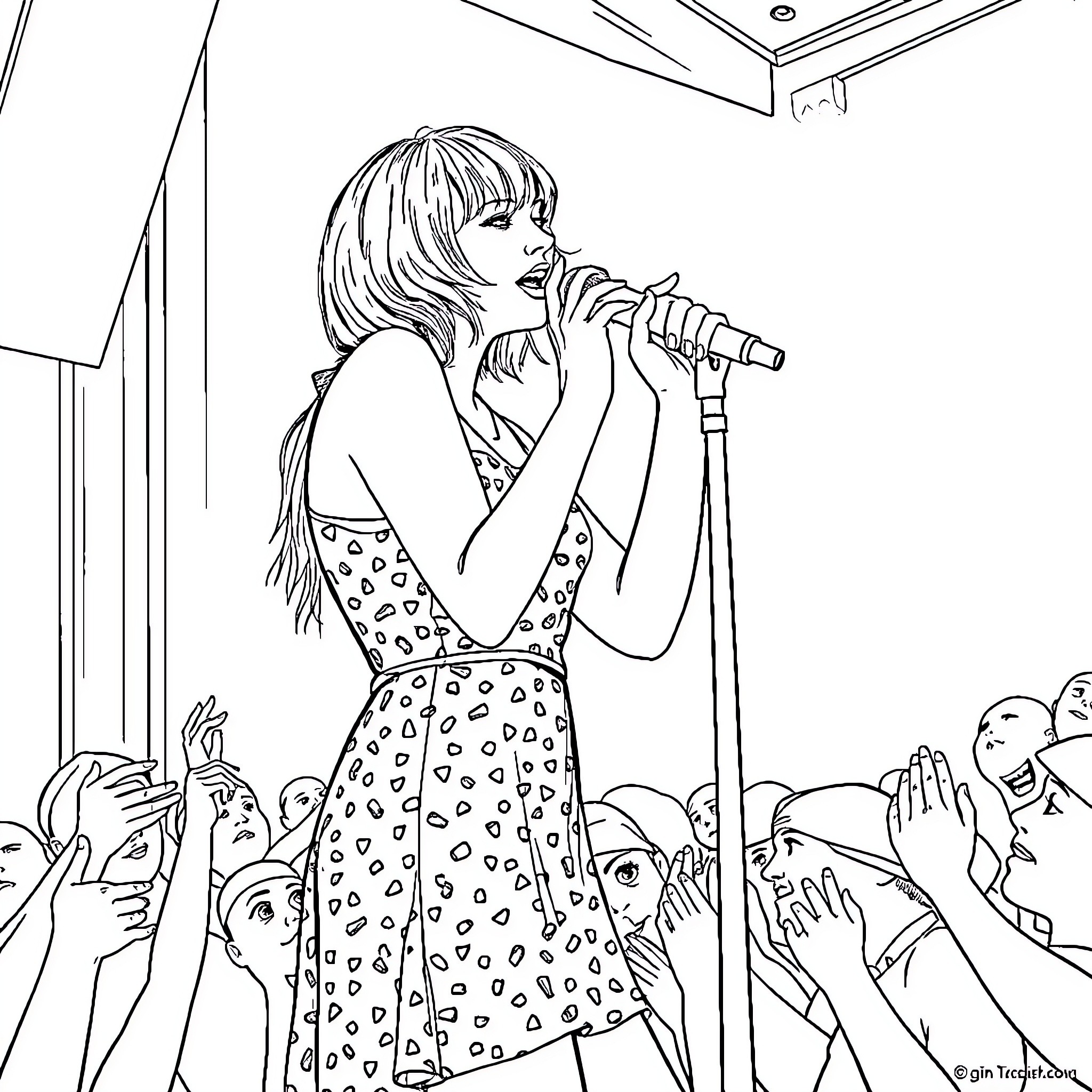 Taylor Swift performing on stage with energy Coloring Page (free black-and-white line drawing printable PDF for all, from beginners to advanced learners, including children, teens, adults, and seniors)