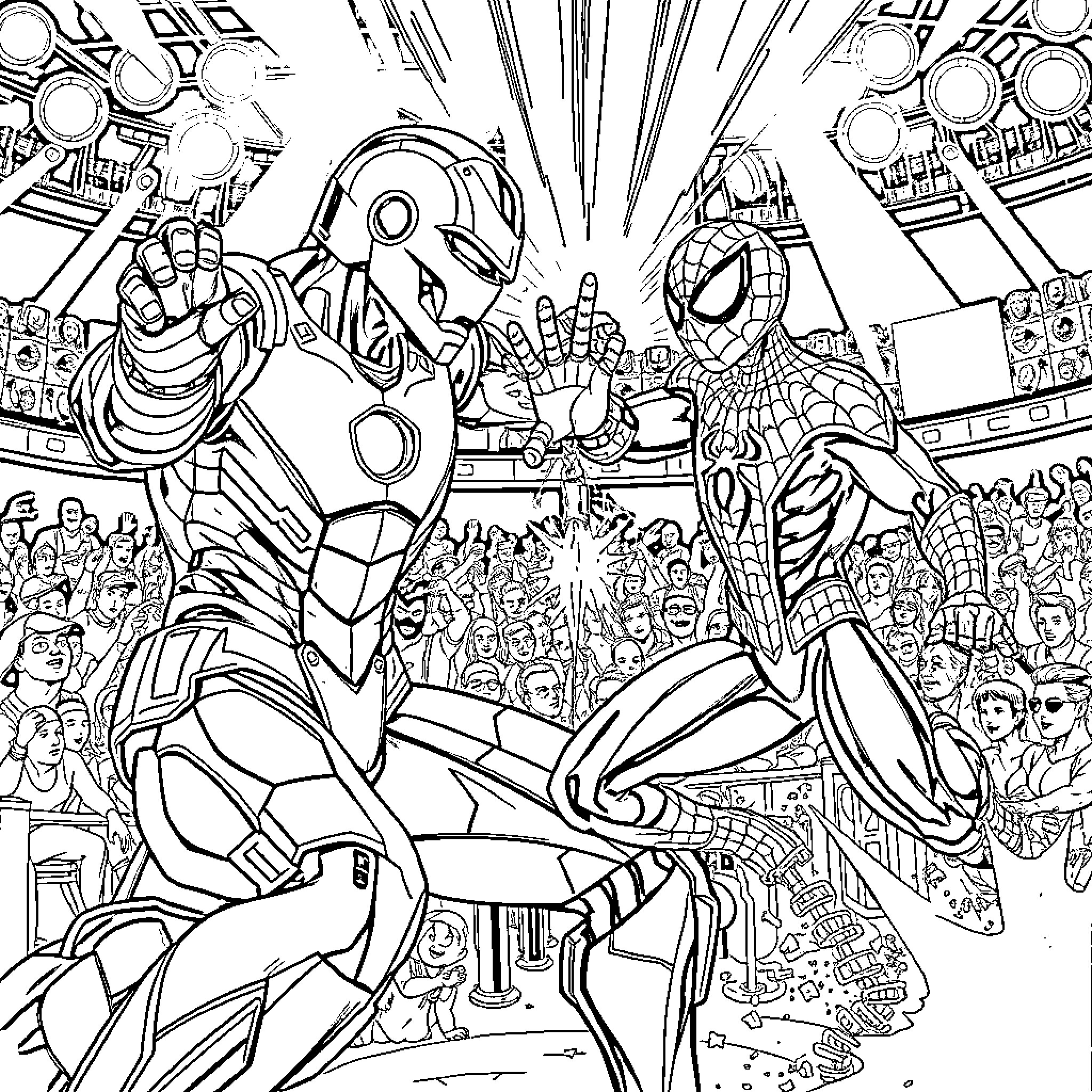 Iron Man and Spider-Man heroic showdown with crowd Coloring Page (free black-and-white line drawing printable PDF for all, from beginners to advanced learners, including children, teens, adults, and seniors)
